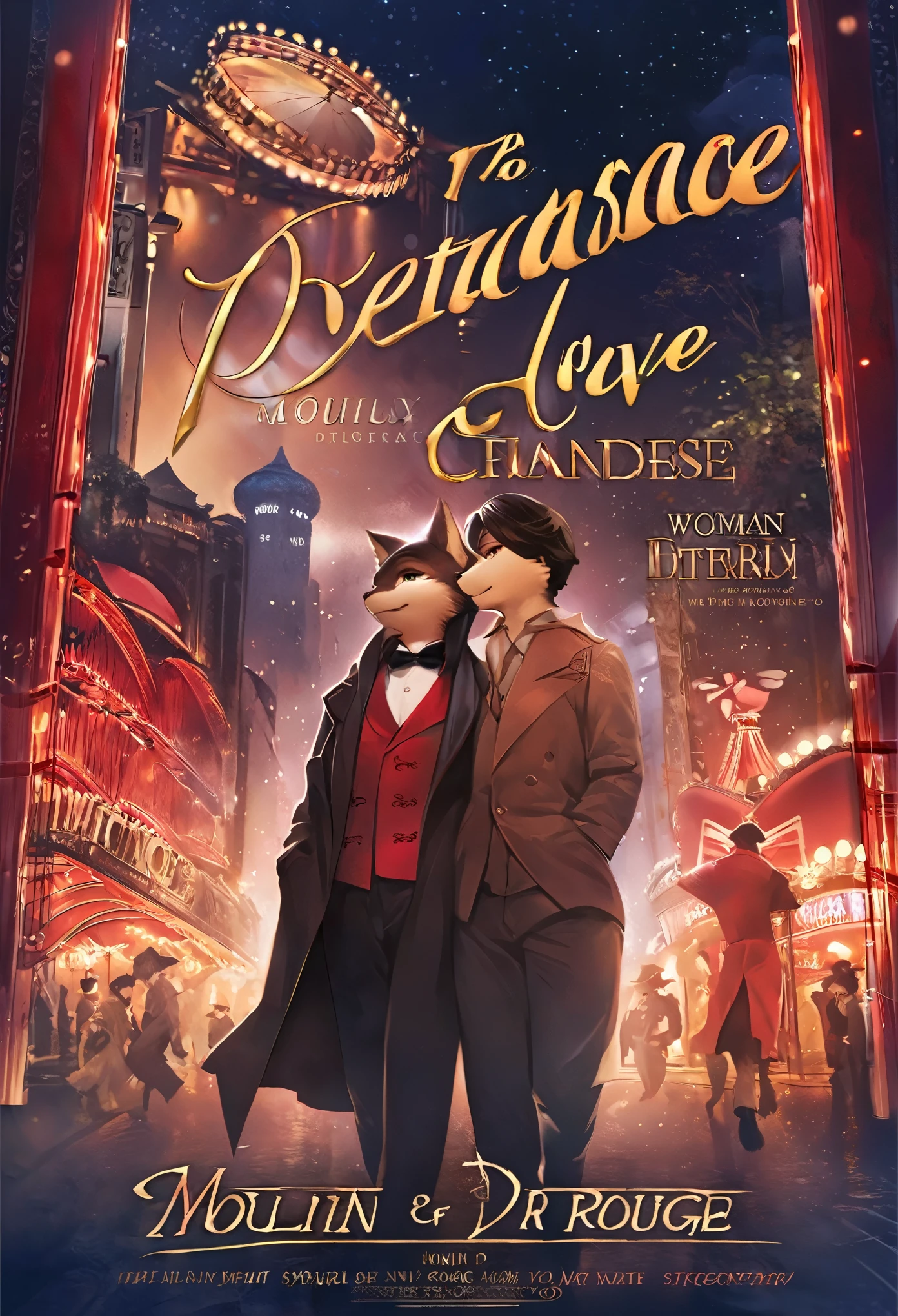 movie poster, movie artwork, concept art of love, romance novel cover, highres, top quality, best quality, perfect artwork, absurdres, perfect anatomy(couple, young 1male detective, 1woman in Chinese dress)(furry, kemono, anthro) in a city street at night, moulin rouge,