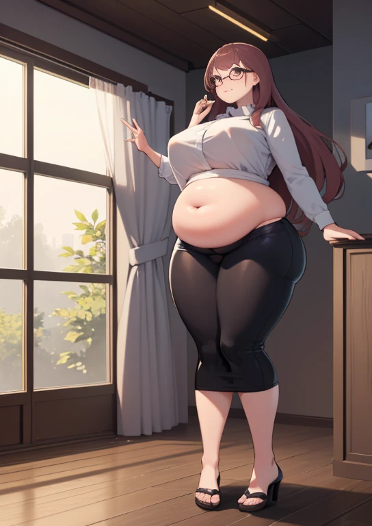 (masterpiece, best quality, highly detailed), 1girls, big belly, huge belly, art by kipteitei, round belly, chubby, curvy, belly grab, enormous belly, fat belly, thicc, bigger belly, really big belly, jiggly belly, shirt covering belly, belly cover by shirt, glasses, ((full body)), long hair