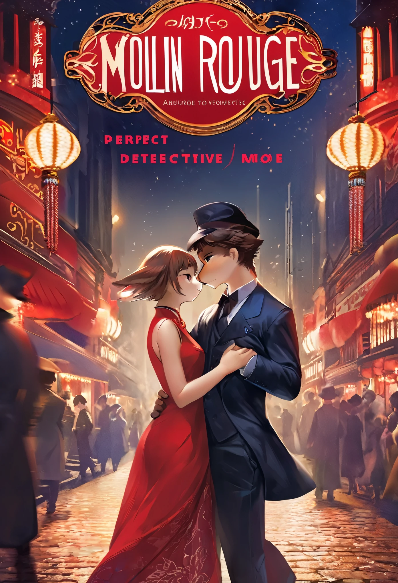 movie poster, movie artwork, concept art of love, romance novel cover, highres, top quality, best quality, perfect artwork, absurdres, perfect ???????(couple, young 1male detective, 1woman in Chinese dress)(furry, kemono, anthro) in a city street at night, moulin rouge,