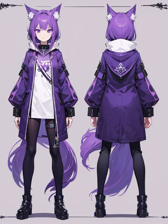 character design sheet,Purple hair and eyes, personal,cool,With wolf earale,facial details,Plainview,whole body,