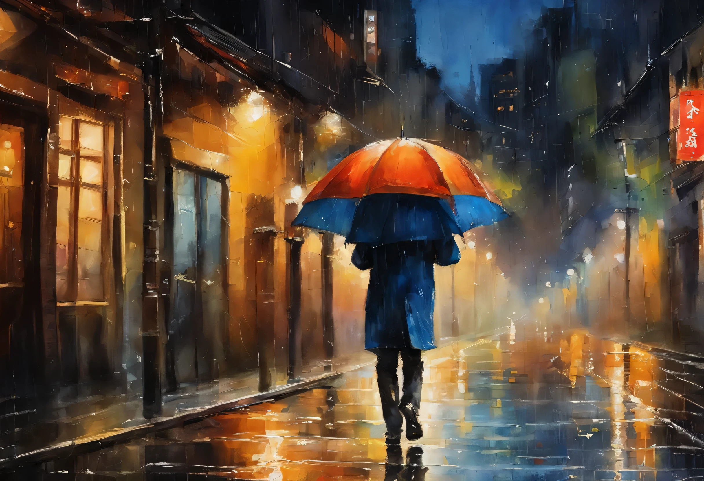 in the rain,A young man holding an umbrella walks on the streets of Tokyo, Japan,night,tall city buildings,Row after row,Neon lights flashing,bright lights,People walking on both sides of the street,city View、Light of the city、Osaka Castle in the distance,、8k、original photography、top quality、on the table、realistic、Realism
