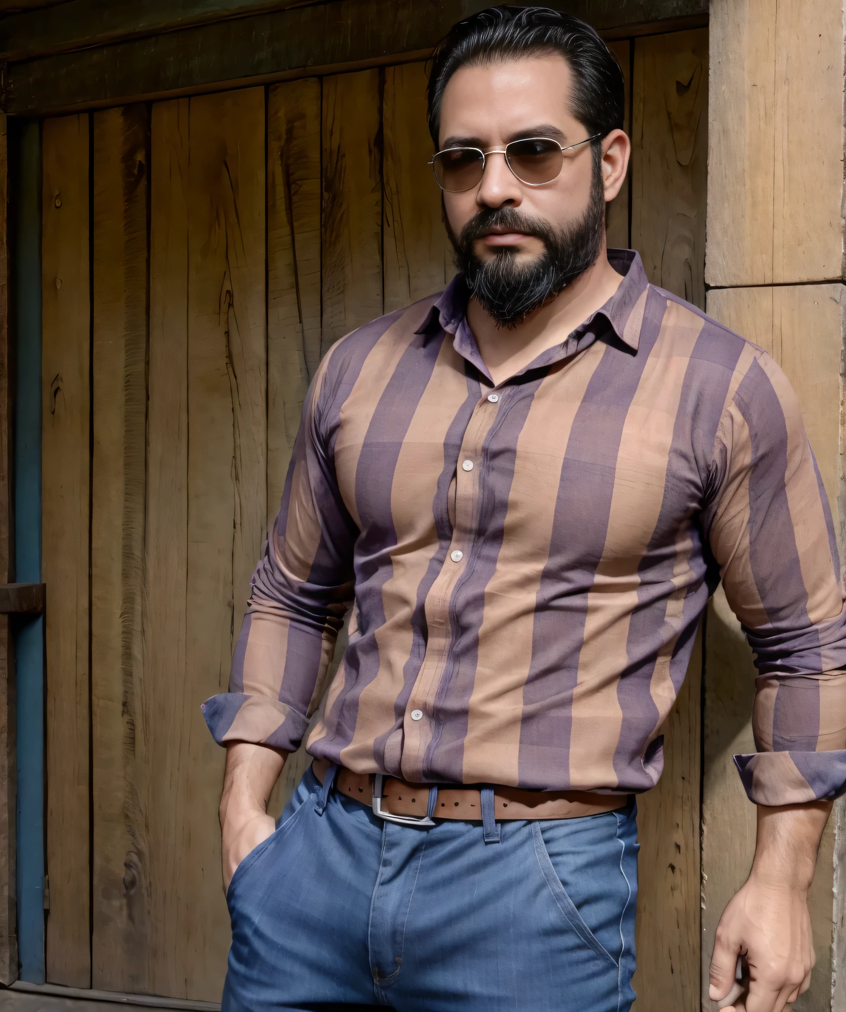 Obra maestra, desenfoque de campo, Parte superior del cuerpo, hands in pants pockets , 38 year old man with beard and square sunglasses. Man wearing a checkered shirt in an action movie with long guns, con cielo rojo de fondo.