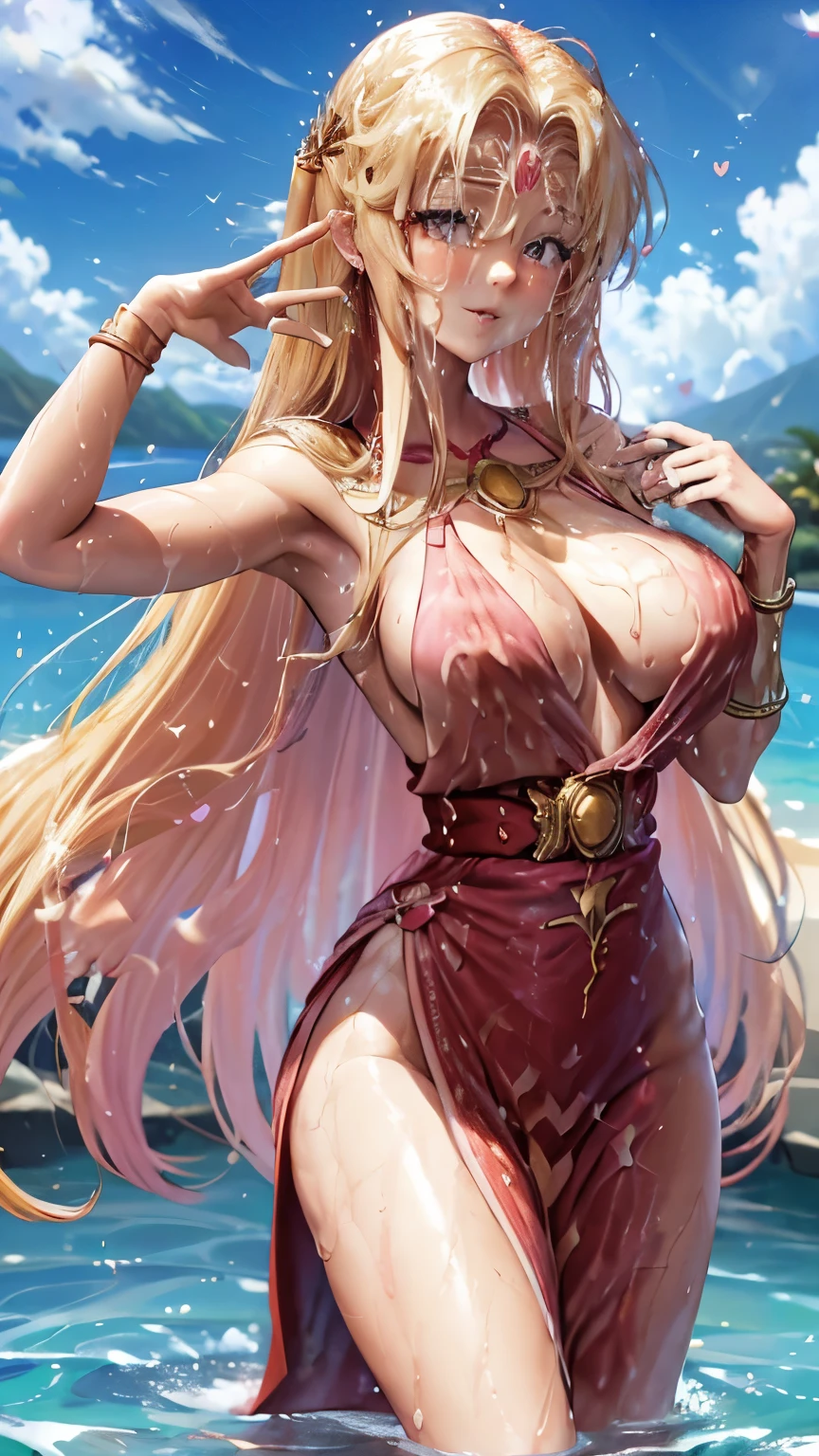 blonde very long hair, red eyes, wearing a sexy pink dress, side slit, ultrasharp, looking at the viewer, ((best quality)), ((masterpiece)), (detailed), perfect face, big breast, sexy body, sexy woman besides her, hugged, An anime scene of two girls hugging and kissing intensely, with hearts and sparkles floating around them as they stand in pool of water