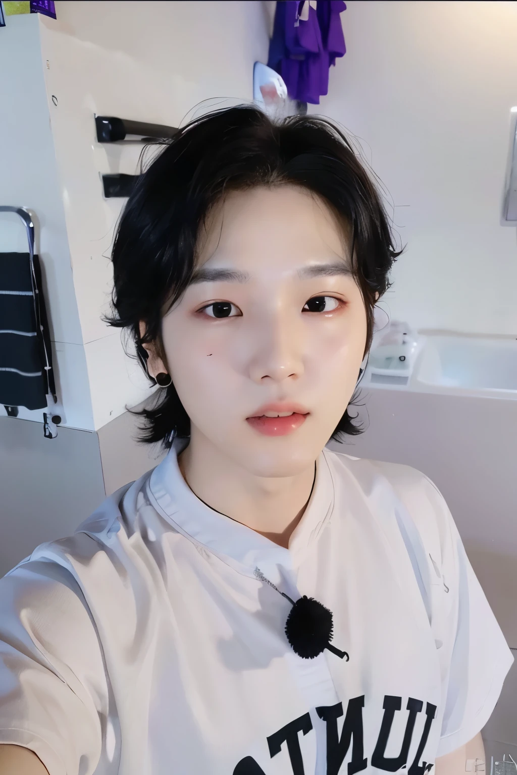 There is a woman taking a selfie in a bathroom, kim doyoung, kim taejin, hyung tae, jinyoung shin, yoongi de pelo negro, Jaeyeon Nam, Hong June Hyung, young pale angel, Cai Xu Kun, pale korean adorable face, Seseon Yoon, Shin Jeongho, Jung Jaehyun, hyung tae kim, SUGA de BTS, BTS SUGA, min yoongi, yoongi min, pretty face, angelic face, pretty lips, kpop idol, idol kpop, doll lips, pretty look