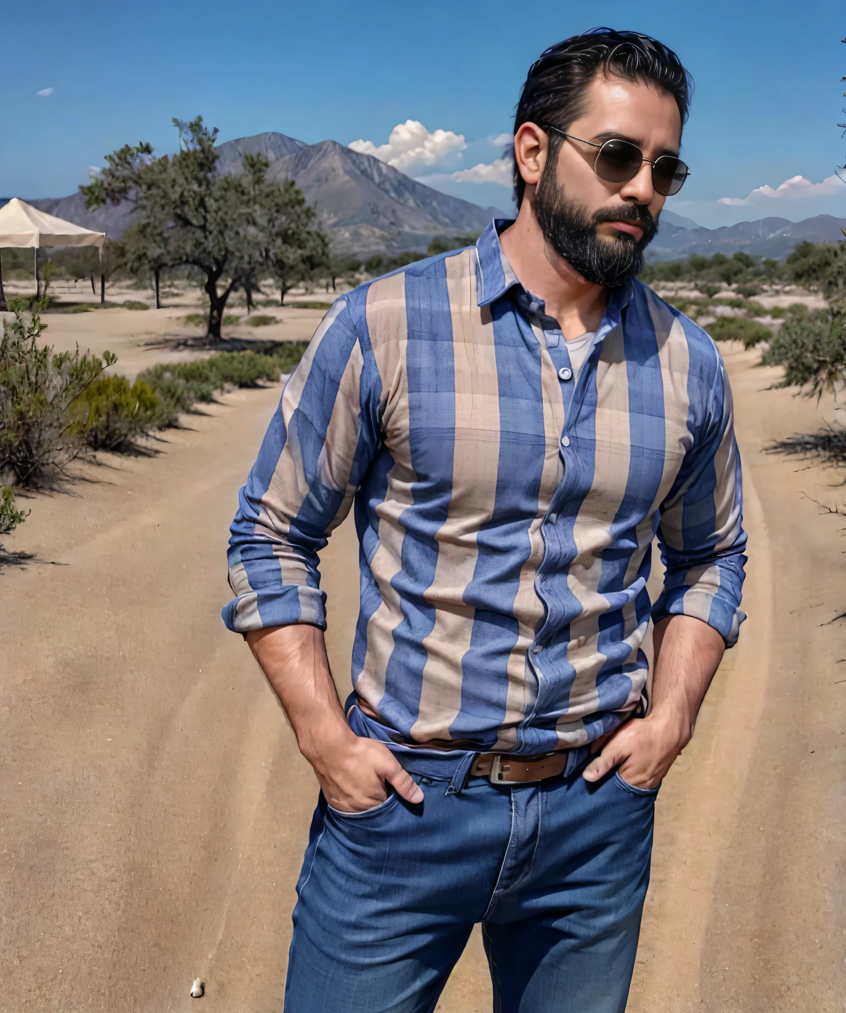 Obra maestra, desenfoque de campo, Parte superior del cuerpo, hands in pants pockets , 38 year old man with beard and square sunglasses. Man wearing a checkered shirt in an action movie with long guns, con un cielo hermoso de fondo.