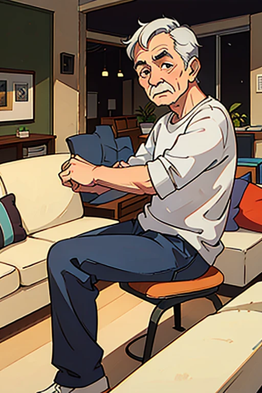80 year old grandpa with wrinkled face Being in the living room