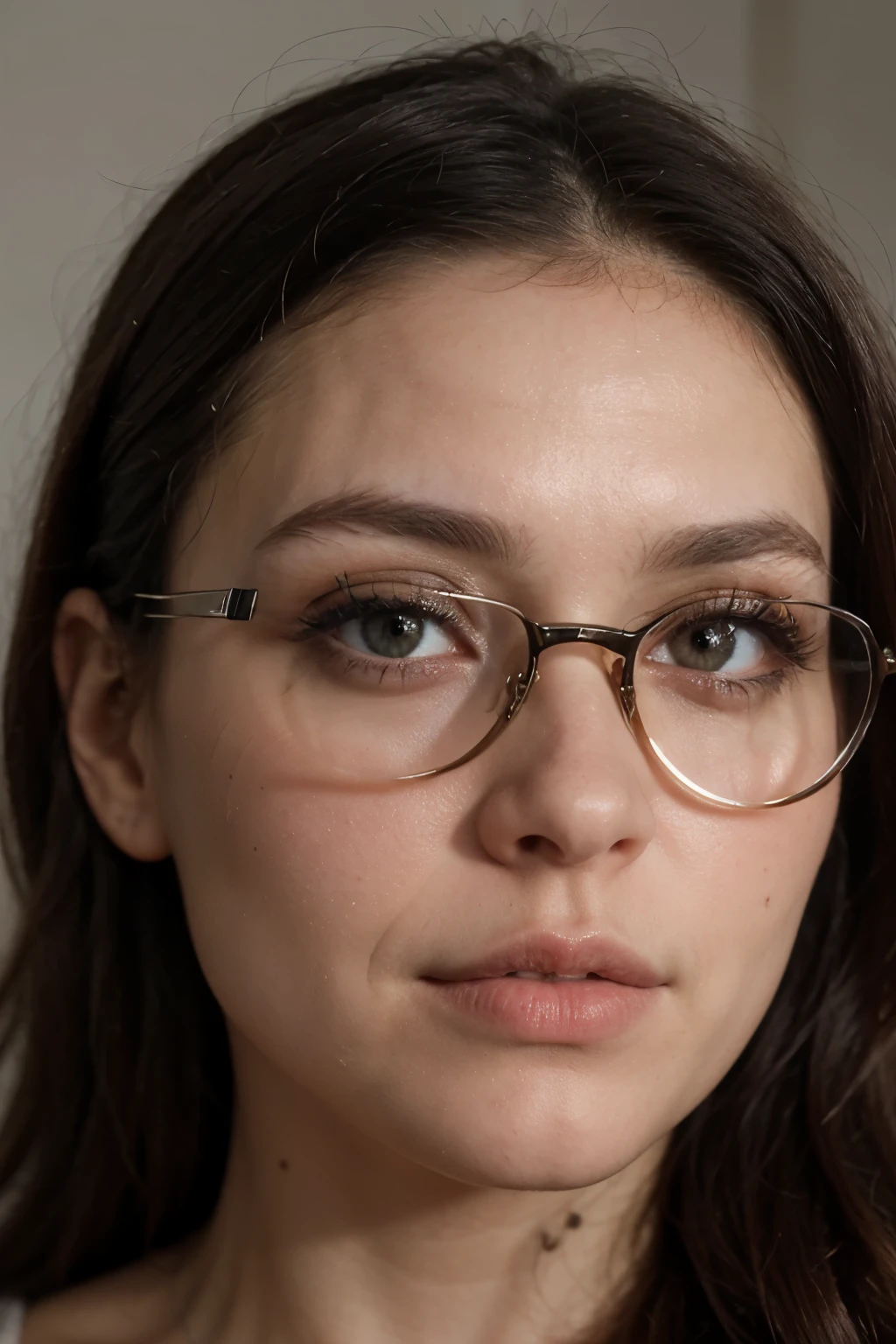 30 year old woman, con lentes, ojos semi rasgados color miel, labios carnosos largos, nariz fina, lunar en la mejilla derecha, cejas semipobladas delineadas, rostro alargado, cabello largo color negro ondulado, senos grandes, de estatura media