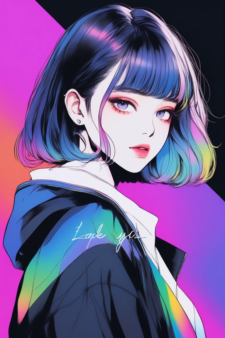 (best quality, sketch:1.2), epic realistic,illustrator,anime,1 girl, detailed lips,custom, (background multicolors),textured cropping, hdr, details, masterpiece, style retro classic, rainbow colour gradient, art, (kare cascade hair (black:1.75) [neon:1.32])