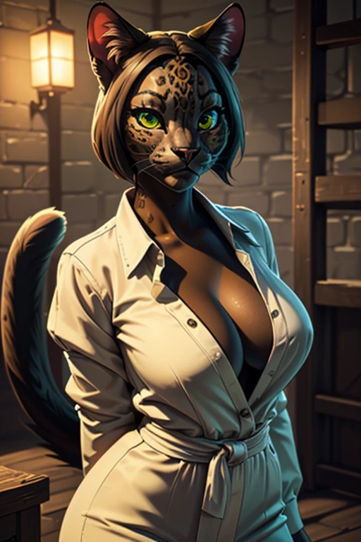 ((super high quality)), ((master piece)), girl khajiit, shinobi girl, artificial cat, furry cat, ((Only cat ears, There is no other)), ((there's a cat there'short fluffy tail on the back)), ((face clean)), beautiful cute face, beautiful woman's lips, charming beauty, ((stern look)), Close your eyes and look at the camera, ((Dark skin color, black leopard)), ((dark skin color)), body glare, ((detailed beautiful female eyes)), ((yellow-green eyes)), beautiful woman's hands, ((perfect woman image)), Ideal female body type, beautiful waist, big thighs, ((delicate and beautiful)), has a fascinating value, epic stance ((close up of face)), ((Revealing clothing,slave clothes, Sexy prison uniform, sexy cleavage), background: Japan in the 19th century, prison, night, ((Depth of the bounds written)), ((High quality and clear images)), ((vivid details)), ((very detailed)), realistic, Professional photography session, ((clear focus)), ((comics)), anime, NSFW