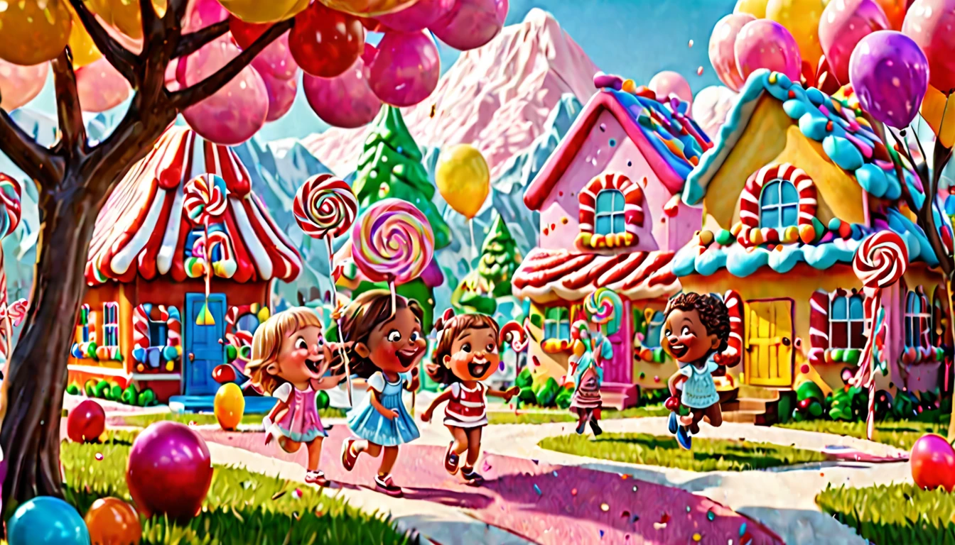 Children laughing and playing in a candy land with peanut brittle houses, gumdrop bushes, peppermint trees, and licorice animals. (best quality,4k,8k,highres,masterpiece:1.2), ultra-detailed, (realistic,photorealistic,photo-realistic:1.37), colorful, vivid, dream-like, whimsical, joyful, cheerful, playful, magical, sugary sweet, delightful scene, vibrant colors, sugar-coated, sugar rush, syrupy textures, candy-coated world, mouthwatering, sugary delight, sparkling candy, enchanting atmosphere, sweet aroma, enchanting, delightful, happy children, laughter, giggles, running, jumping, shouting, excitement, sparkling eyes, rosy cheeks, wide smiles, carefree, gleeful, high-energy, joyful playtime, endless fun, candy-filled paradise, sugary treats, lollipop flowers, chocolate rivers, cotton candy clouds, caramel paths, marshmallow clouds, sprinkles, confetti, colorful balloons, playful melodies, carnival atmosphere, chocolate-covered, candy cane lanes, gummy bear playground, icing-covered houses, sugary sculptures, tantalizing textures, childlike wonder, delightful surprises, magical moments, sugar-coated dreams, joyful memories, imaginative play, pure happiness.