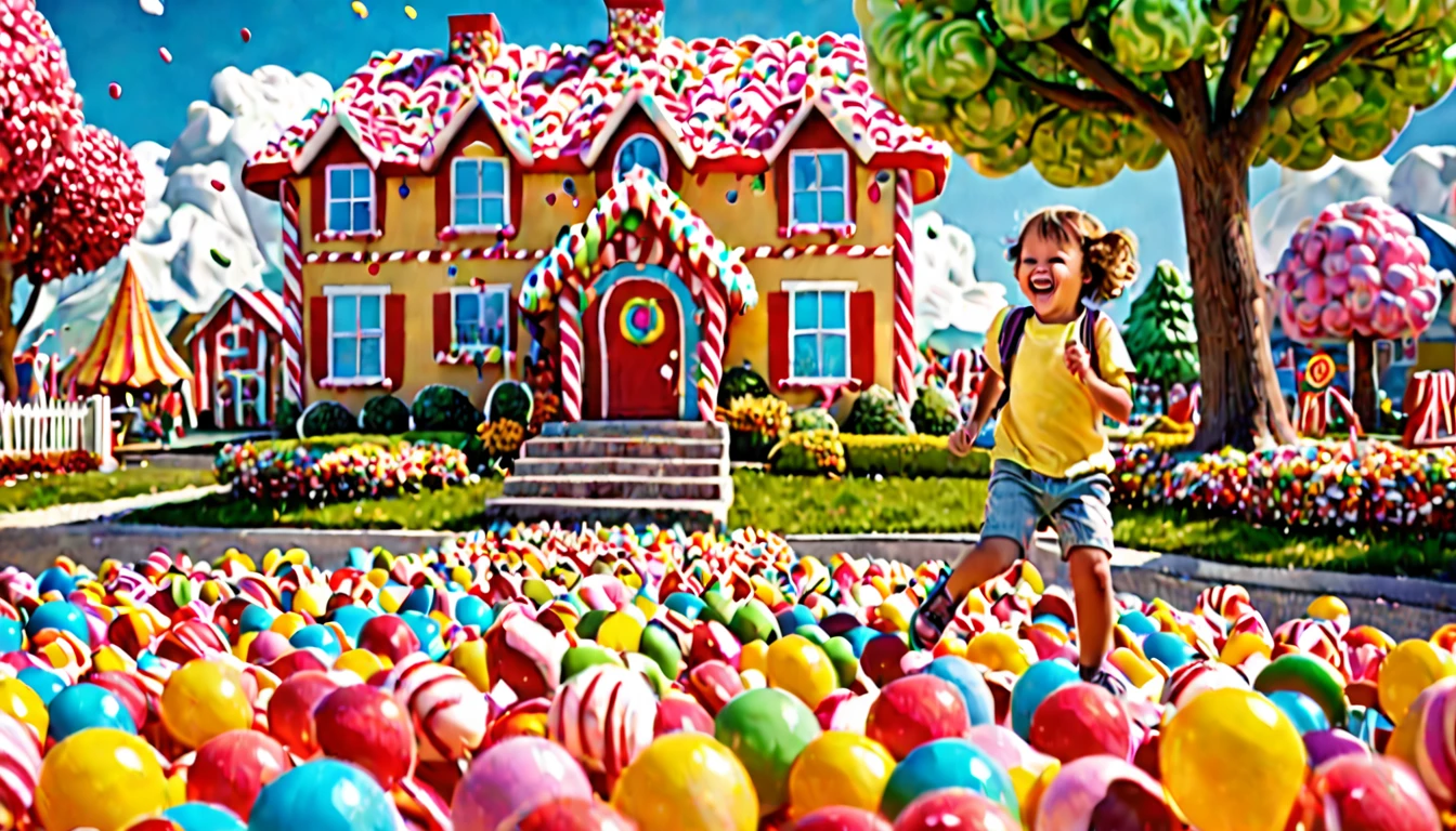 Children laughing and playing in a candy land with peanut brittle houses, gumdrop bushes, peppermint trees, and licorice animals. (best quality,4k,8k,highres,masterpiece:1.2), ultra-detailed, (realistic,photorealistic,photo-realistic:1.37), colorful, vivid, dream-like, whimsical, joyful, cheerful, playful, magical, sugary sweet, delightful scene, vibrant colors, sugar-coated, sugar rush, syrupy textures, candy-coated world, mouthwatering, sugary delight, sparkling candy, enchanting atmosphere, sweet aroma, enchanting, delightful, happy children, laughter, giggles, running, jumping, shouting, excitement, sparkling eyes, rosy cheeks, wide smiles, carefree, gleeful, high-energy, joyful playtime, endless fun, candy-filled paradise, sugary treats, lollipop flowers, chocolate rivers, cotton candy clouds, caramel paths, marshmallow clouds, sprinkles, confetti, colorful balloons, playful melodies, carnival atmosphere, chocolate-covered, candy cane lanes, gummy bear playground, icing-covered houses, sugary sculptures, tantalizing textures, childlike wonder, delightful surprises, magical moments, sugar-coated dreams, joyful memories, imaginative play, pure happiness.