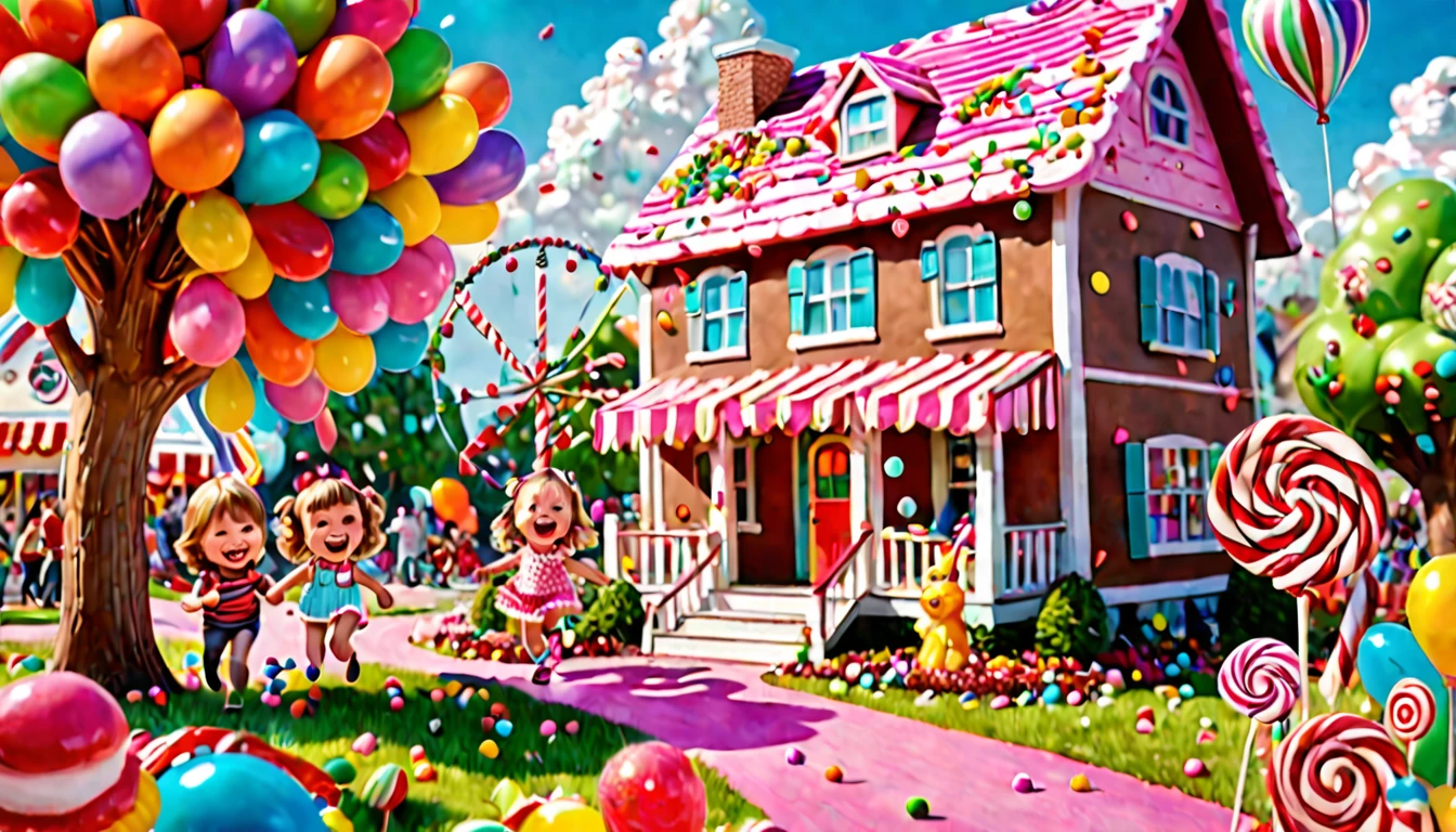 Children laughing and playing in a candy land with peanut brittle houses, gumdrop bushes, peppermint trees, and licorice animals. (best quality,4k,8k,highres,masterpiece:1.2), ultra-detailed, (realistic,photorealistic,photo-realistic:1.37), colorful, vivid, dream-like, whimsical, joyful, cheerful, playful, magical, sugary sweet, delightful scene, vibrant colors, sugar-coated, sugar rush, syrupy textures, candy-coated world, mouthwatering, sugary delight, sparkling candy, enchanting atmosphere, sweet aroma, enchanting, delightful, happy children, laughter, giggles, running, jumping, shouting, excitement, sparkling eyes, rosy cheeks, wide smiles, carefree, gleeful, high-energy, joyful playtime, endless fun, candy-filled paradise, sugary treats, lollipop flowers, chocolate rivers, cotton candy clouds, caramel paths, marshmallow clouds, sprinkles, confetti, colorful balloons, playful melodies, carnival atmosphere, chocolate-covered, candy cane lanes, gummy bear playground, icing-covered houses, sugary sculptures, tantalizing textures, childlike wonder, delightful surprises, magical moments, sugar-coated dreams, joyful memories, imaginative play, pure happiness.