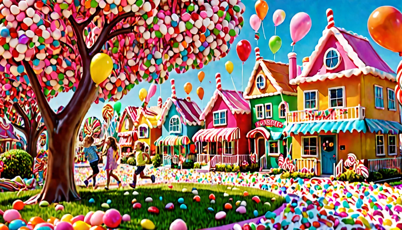 Children laughing and playing in a candy land with peanut brittle houses, gumdrop bushes, peppermint trees, and licorice animals. (best quality,4k,8k,highres,masterpiece:1.2), ultra-detailed, (realistic,photorealistic,photo-realistic:1.37), colorful, vivid, dream-like, whimsical, joyful, cheerful, playful, magical, sugary sweet, delightful scene, vibrant colors, sugar-coated, sugar rush, syrupy textures, candy-coated world, mouthwatering, sugary delight, sparkling candy, enchanting atmosphere, sweet aroma, enchanting, delightful, happy children, laughter, giggles, running, jumping, shouting, excitement, sparkling eyes, rosy cheeks, wide smiles, carefree, gleeful, high-energy, joyful playtime, endless fun, candy-filled paradise, sugary treats, lollipop flowers, chocolate rivers, cotton candy clouds, caramel paths, marshmallow clouds, sprinkles, confetti, colorful balloons, playful melodies, carnival atmosphere, chocolate-covered, candy cane lanes, gummy bear playground, icing-covered houses, sugary sculptures, tantalizing textures, childlike wonder, delightful surprises, magical moments, sugar-coated dreams, joyful memories, imaginative play, pure happiness.