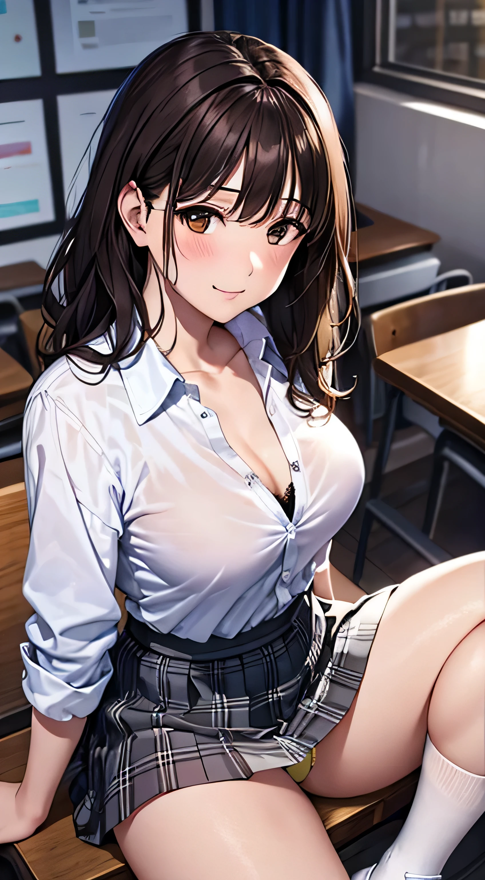 ((table top, highest quality, High resolution, nffsw, perfect pixel, 4k, nffsw, nffsw))), 1 girl, single, alone, beautiful woman、I could see the whole body、 ((short wavy hair, bangs, brown hair)), ((brown eyes, beautiful eyelashes, realistic eyes)), ((detailed face, blush:1.2)), ((smooth texture:0.75, realistic texture:0.65, realistic:1.1, Anime CG style)), medium breasts, dynamic angle, perfect body, ((school uniform, white shirt, black skirt, unbuttoned shirt、plaid skirt、not wearing shoes、white socks)), classroom without people、sit at desk、lower'I took my foot off the desk.........................................、evening、、、Very embarrassing panic smile、(lift the skirt with your right hand、open your legs、open your knees wide、Light blue and yellow floral lace panties)、、(light blue lace bra)、angle from below