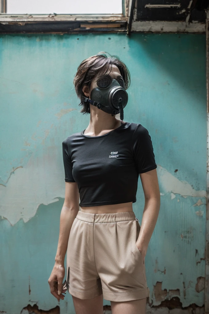 Ultra-realistic capture, Highly detailed, High resolution 16k close-up of human skin. Skin texture must be natural, With such detail that pores can be finely identified. Skin should look healthy, In a uniform tone. Use natural light and color, Full Body Shot, handgun, full-face Gas Mask, black crop top, black Shorts, handsome short hair, Abandoned building, Standing with a pistol, full body, Abandoned building, peeling wallpaper, broken windows, dusty floors, eerie atmosphere