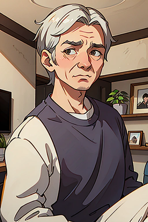 80 year old grandpa with wrinkled face Being in the living room