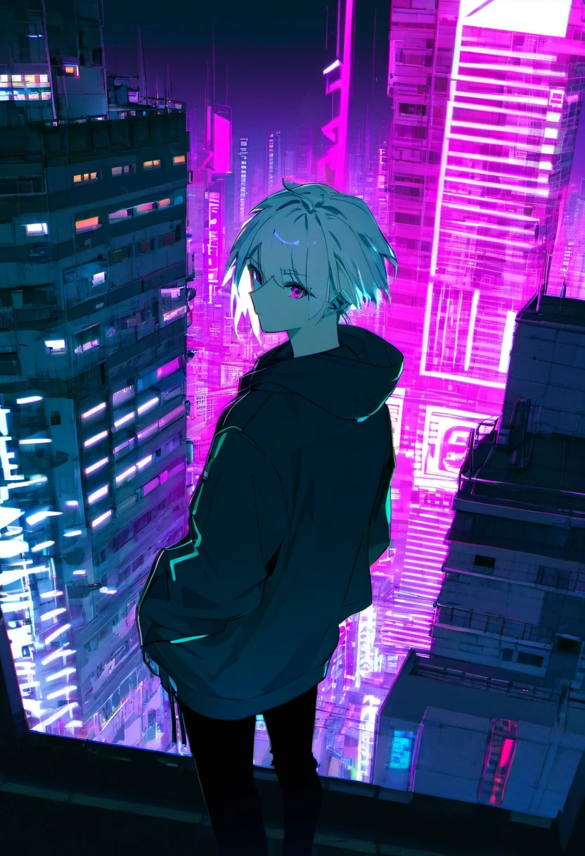 Man, neon glitch, white hair, cyberpunk hoodie ,top of a cyberpunk building looking down, high view