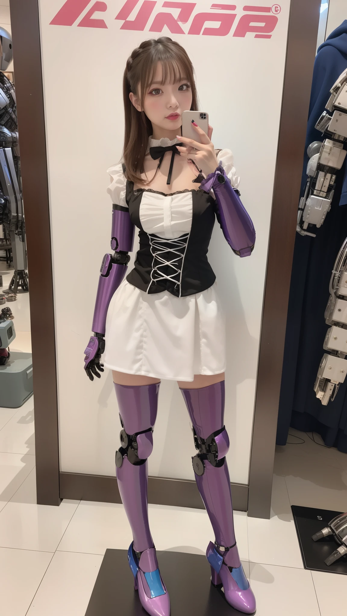 promo photo, The place is a restaurant by the sea., waitresses, Gothic Lolita half costume and maid costume, Clothes based on white, robot
