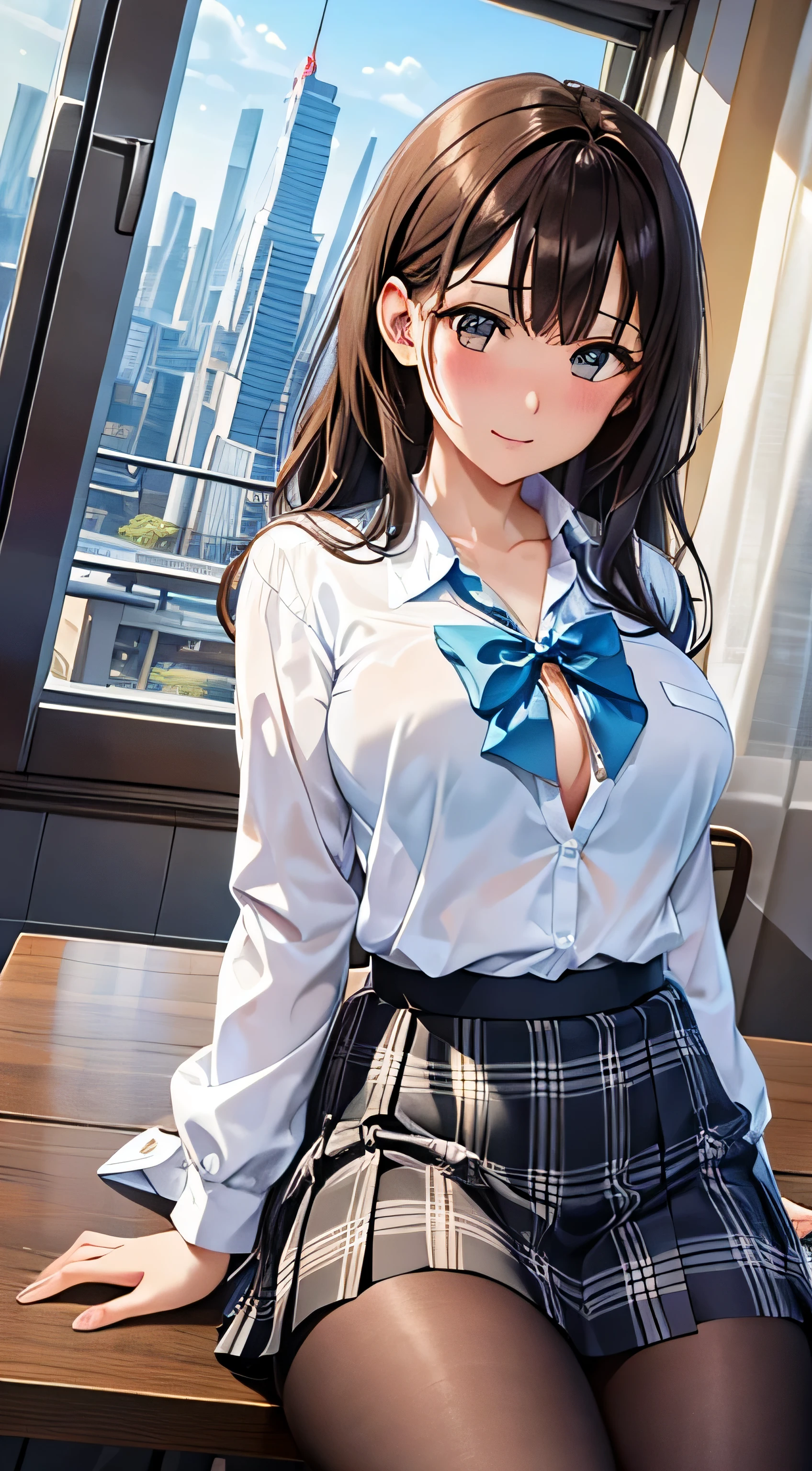 ((table top, highest quality, High resolution, nffsw, perfect pixel, 4k, nffsw, nffsw))), 1 girl, single, alone, beautiful woman、I could see the whole body、 ((short wavy hair, bangs, brown hair)), ((brown eyes, beautiful eyelashes, realistic eyes)), ((detailed face, blush:1.2)), ((smooth texture:0.75, realistic texture:0.65, realistic:1.1, Anime CG style)), medium breasts, dynamic angle, perfect body, ((school uniform, white shirt, black skirt, unbuttoned shirt、plaid skirt、not wearing shoes、white socks)), classroom without people、sit at desk、lower'I took my foot off the desk.........................................、evening、、、Very embarrassing panic smile、(lift the skirt with your right hand、open your legs、open your knees wide、Light blue and yellow floral lace panties)、、(light blue lace bra)、angle from below