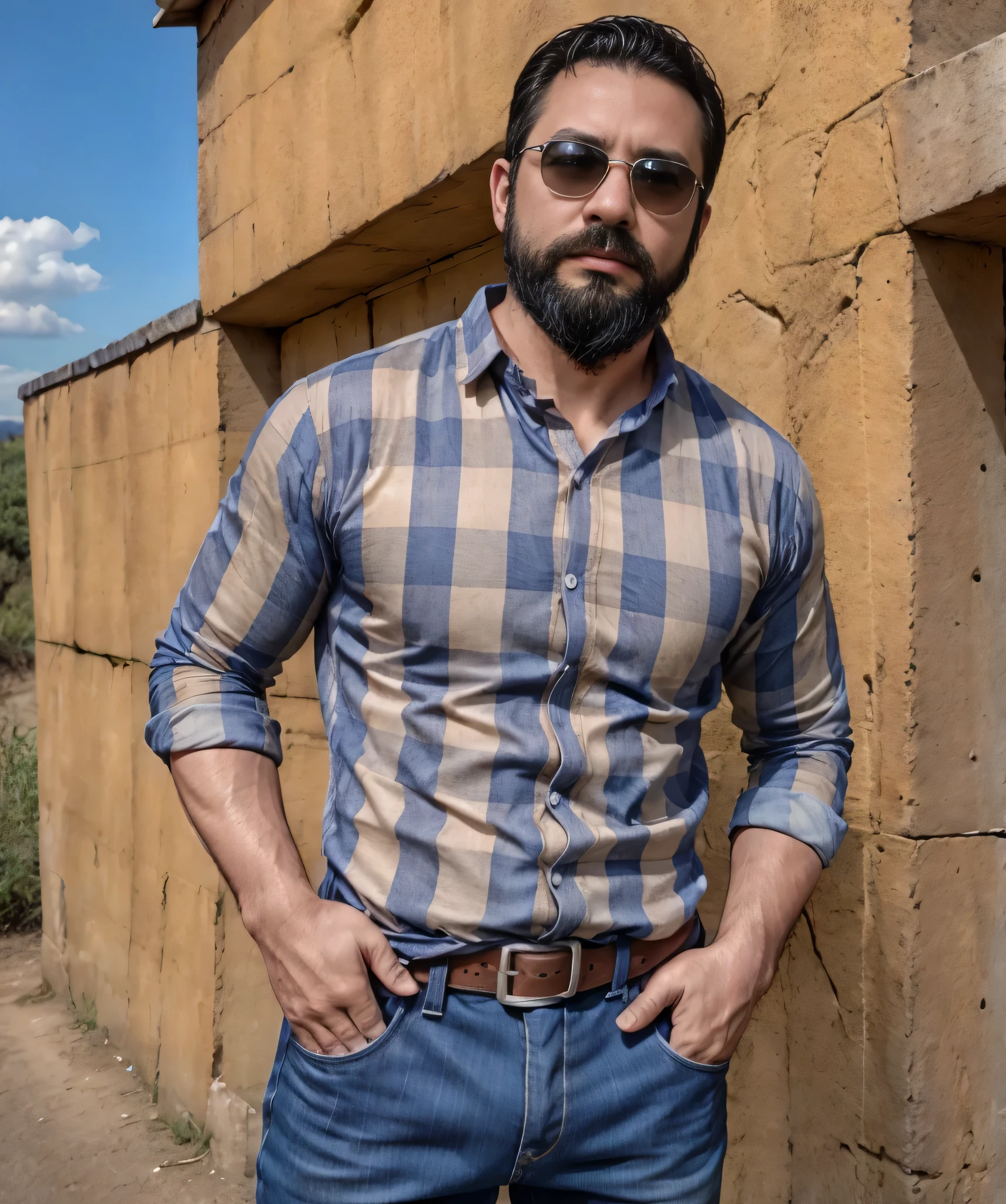 Obra maestra, desenfoque de campo, Parte superior del cuerpo, hands in pants pockets , 38 year old man with beard and square sunglasses. Man wearing a checkered shirt in an action movie with long guns, con un cielo hermoso de fondo.