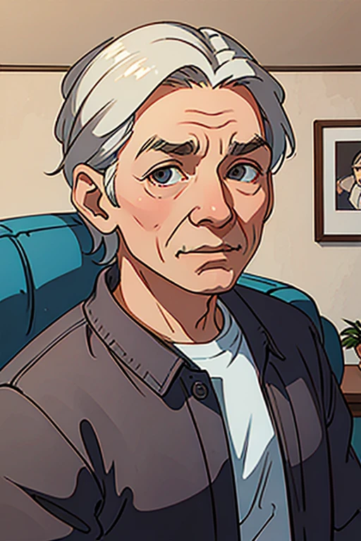 80 year old grandpa with wrinkled face　Being in the living room