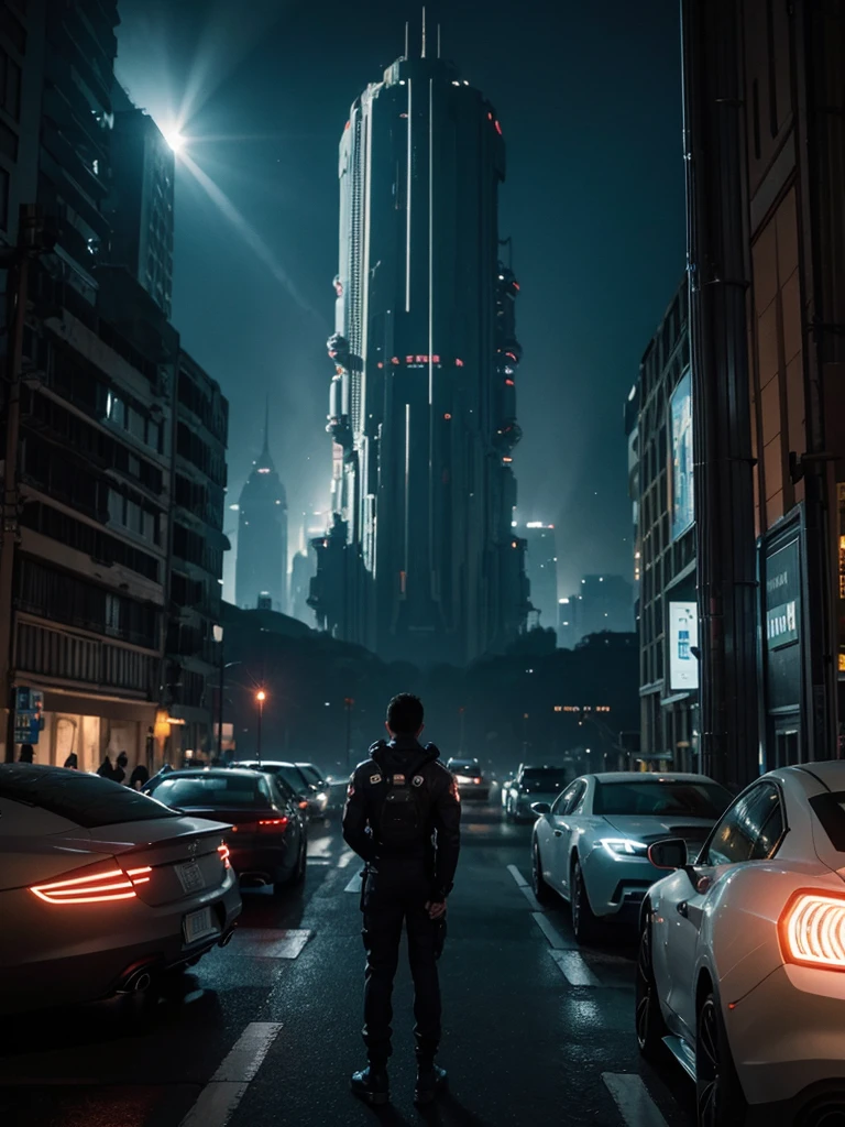 the night,Astronauts are exploring the ruins of a futuristic city. The scene was full of anticipation and mystery. Perspective Overlook The scene is full of intricate details, Show off cinematic style ,surrealism, hyper photorealism, Chiaroscuro, Depth of field, JPEG artifacts, Wide shot, Perspective, Atmospheric perspective, in a panoramic view, Lens flare, hyper HD, Masterpiece, ccurate