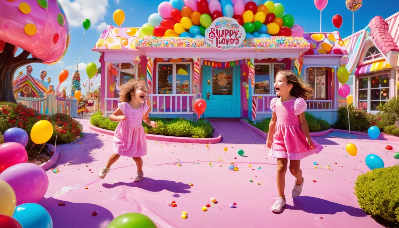 Children laughing and playing in a candy land with peanut brittle houses, gumdrop bushes, peppermint trees, and licorice animals. (best quality,4k,8k,highres,masterpiece:1.2), ultra-detailed, (realistic,photorealistic,photo-realistic:1.37), colorful, vivid, dream-like, whimsical, joyful, cheerful, playful, magical, sugary sweet, delightful scene, vibrant colors, sugar-coated, sugar rush, syrupy textures, candy-coated world, mouthwatering, sugary delight, sparkling candy, enchanting atmosphere, sweet aroma, enchanting, delightful, happy children, laughter, giggles, running, jumping, shouting, excitement, sparkling eyes, rosy cheeks, wide smiles, carefree, gleeful, high-energy, joyful playtime, endless fun, candy-filled paradise, sugary treats, lollipop flowers, chocolate rivers, cotton candy clouds, caramel paths, marshmallow clouds, sprinkles, confetti, colorful balloons, playful melodies, carnival atmosphere, chocolate-covered, candy cane lanes, gummy bear playground, icing-covered houses, sugary sculptures, tantalizing textures, childlike wonder, delightful surprises, magical moments, sugar-coated dreams, joyful memories, imaginative play, pure happiness.