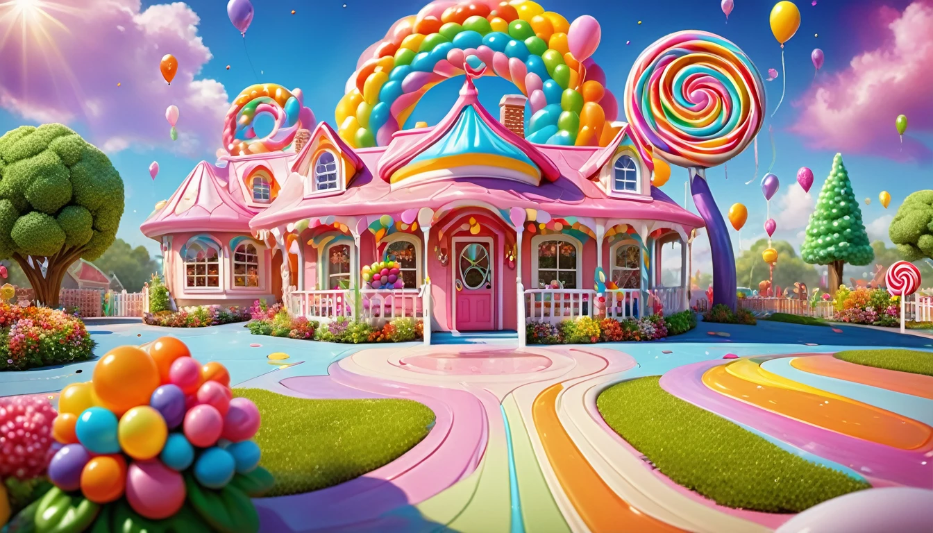 Children laughing and playing in a candy land with peanut brittle houses, gumdrop bushes, peppermint trees, and licorice animals. (best quality,4k,8k,highres,masterpiece:1.2), ultra-detailed, (realistic,photorealistic,photo-realistic:1.37), colorful, vivid, dream-like, whimsical, joyful, cheerful, playful, magical, sugary sweet, delightful scene, vibrant colors, sugar-coated, sugar rush, syrupy textures, candy-coated world, mouthwatering, sugary delight, sparkling candy, enchanting atmosphere, sweet aroma, enchanting, delightful, happy children, laughter, giggles, running, jumping, shouting, excitement, sparkling eyes, rosy cheeks, wide smiles, carefree, gleeful, high-energy, joyful playtime, endless fun, candy-filled paradise, sugary treats, lollipop flowers, chocolate rivers, cotton candy clouds, caramel paths, marshmallow clouds, sprinkles, confetti, colorful balloons, playful melodies, carnival atmosphere, chocolate-covered, candy cane lanes, gummy bear playground, icing-covered houses, sugary sculptures, tantalizing textures, childlike wonder, delightful surprises, magical moments, sugar-coated dreams, joyful memories, imaginative play, pure happiness.