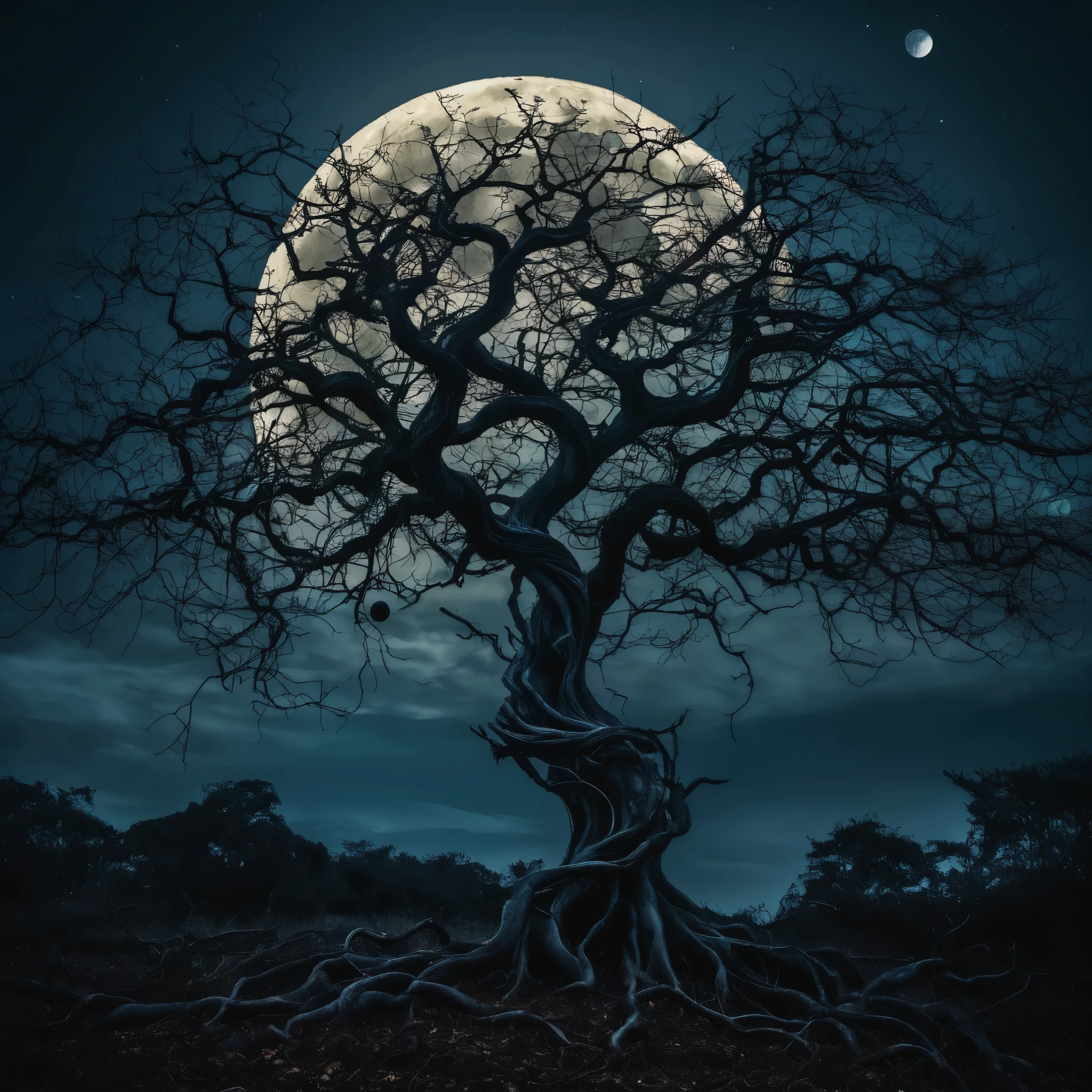 A dark and eerie image of a twisted tree with seven branches, each one bearing a different fruit representing a different sin, with a haunting moon in the background.