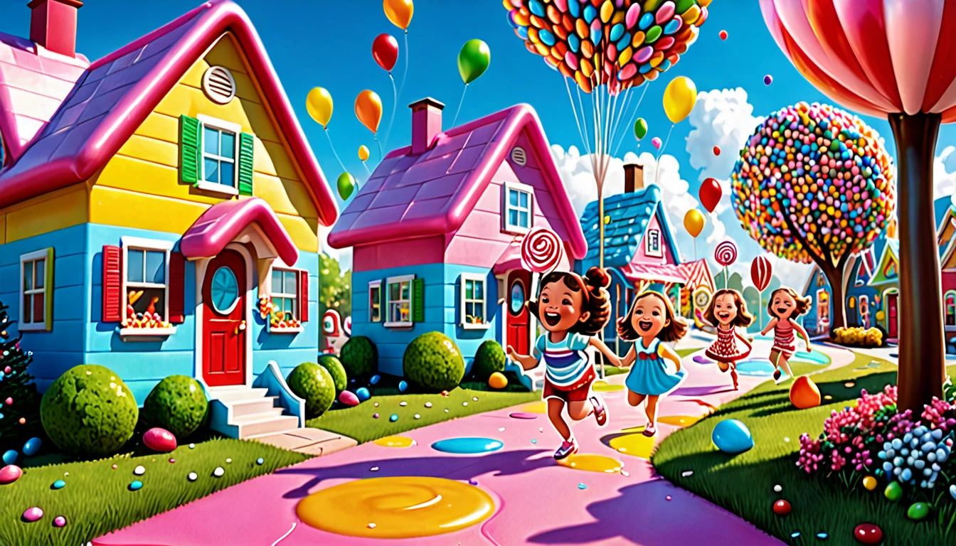 Children laughing and playing in a candy land with peanut brittle houses, gumdrop bushes, peppermint trees, and licorice animals. (best quality,4k,8k,highres,masterpiece:1.2), ultra-detailed, (realistic,photorealistic,photo-realistic:1.37), colorful, vivid, dream-like, whimsical, joyful, cheerful, playful, magical, sugary sweet, delightful scene, vibrant colors, sugar-coated, sugar rush, syrupy textures, candy-coated world, mouthwatering, sugary delight, sparkling candy, enchanting atmosphere, sweet aroma, enchanting, delightful, happy children, laughter, giggles, running, jumping, shouting, excitement, sparkling eyes, rosy cheeks, wide smiles, carefree, gleeful, high-energy, joyful playtime, endless fun, candy-filled paradise, sugary treats, lollipop flowers, chocolate rivers, cotton candy clouds, caramel paths, marshmallow clouds, sprinkles, confetti, colorful balloons, playful melodies, carnival atmosphere, chocolate-covered, candy cane lanes, gummy bear playground, icing-covered houses, sugary sculptures, tantalizing textures, childlike wonder, delightful surprises, magical moments, sugar-coated dreams, joyful memories, imaginative play, pure happiness.