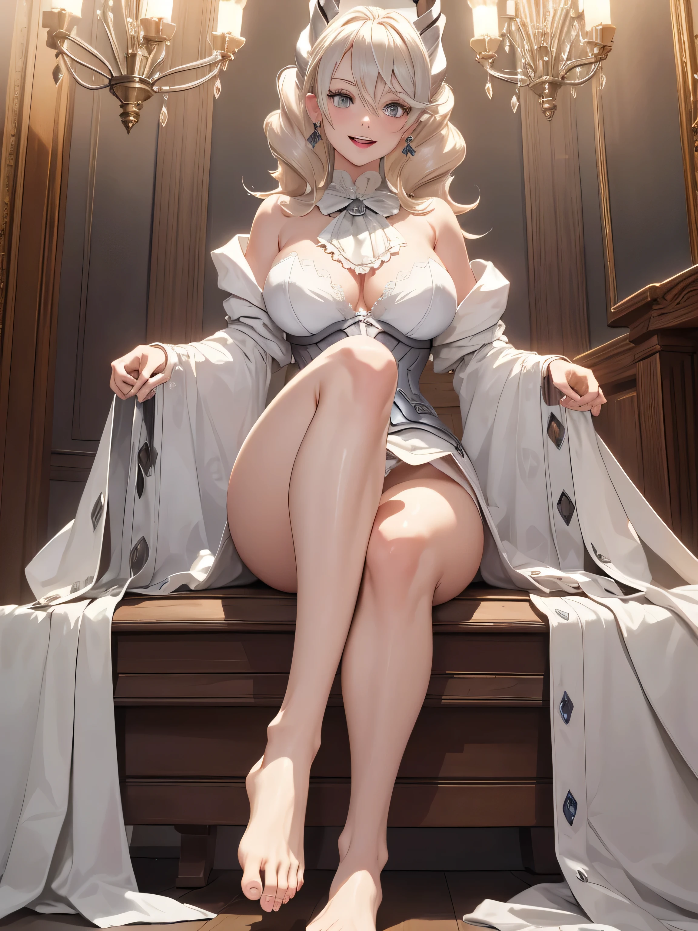 ((masterpiece)),(best quality), ((extremely detailed CG unity 4k wallpaper)),(cinematic lighting), (an extremely delicate and beautiful girl:1.3),face, fixed eye, hand fixed (++blonde hair++), silver eyes, long hair, jewelry,earrings, :d, maid, labrynth,
Large ?????? ,(Crystal chandelier), horn ,indoor ,hand over lab,  sitting , crossed leg in detailed, all body , leg fixed , foot , foot exposed, fixed toe , foot on the viewer