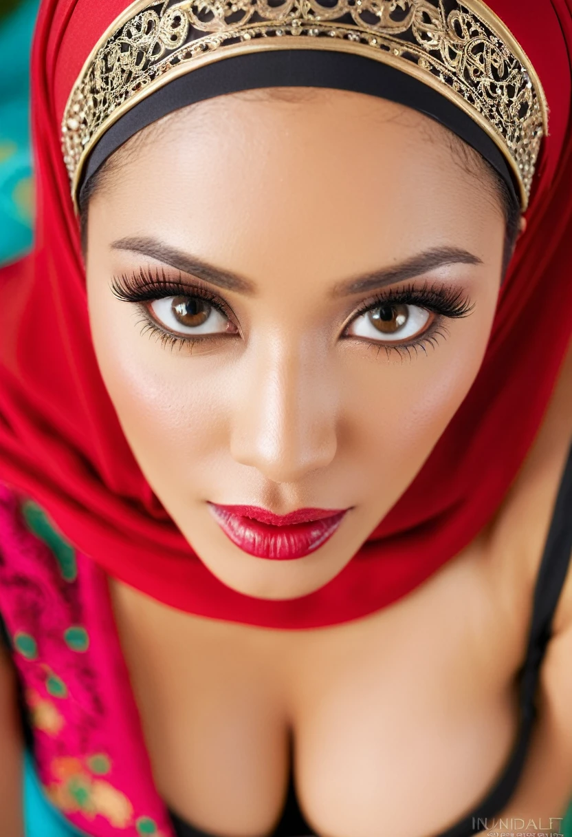 beautiful lady wearing tudung bawal, 4k , realistic, cleavage, sexy, intricate detail, medium shot