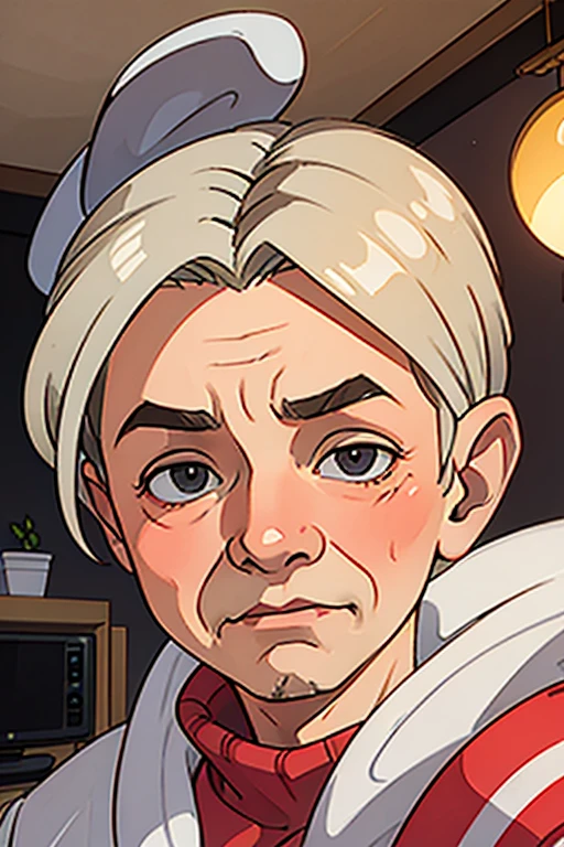 80 year old grandpa with wrinkled face Being in the living room