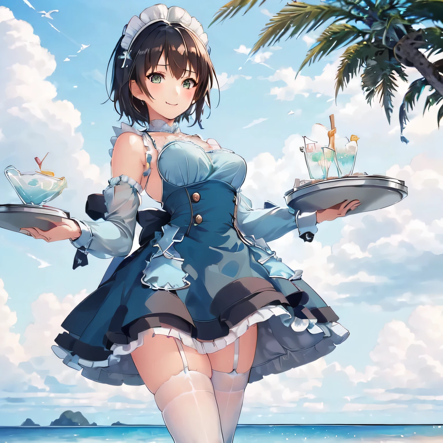 ((masterpiece)), (((highest quality))), ((Super detailed)), ((figure)), finely, Highly detailed CG Unity 8k, High resolution, {detailed and beautiful eyes}, finely, detailed and beautiful eyes 1girl, Thighhighs, alone, maid headdress, short hair, open your mouth, removed sleeve, tray, cream soda,maid, from below, frills, white Thighhighs, black hair, chest, green eyes, (light blue dress:1.5), looking at the viewer, brown hair, apron, medium chest,holding tray,smile,(((Ocean))),(((blue sky))),