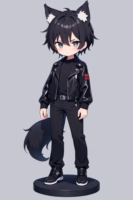 1 man,1 boy,Wolf Man,black leather jacket,gray background,anime,black short hairs,full body,standing,high resolution,Landscape,chibi,white inner,lower both two hands,Empty-handed,chibi,black hairs,black tail,black long pants,