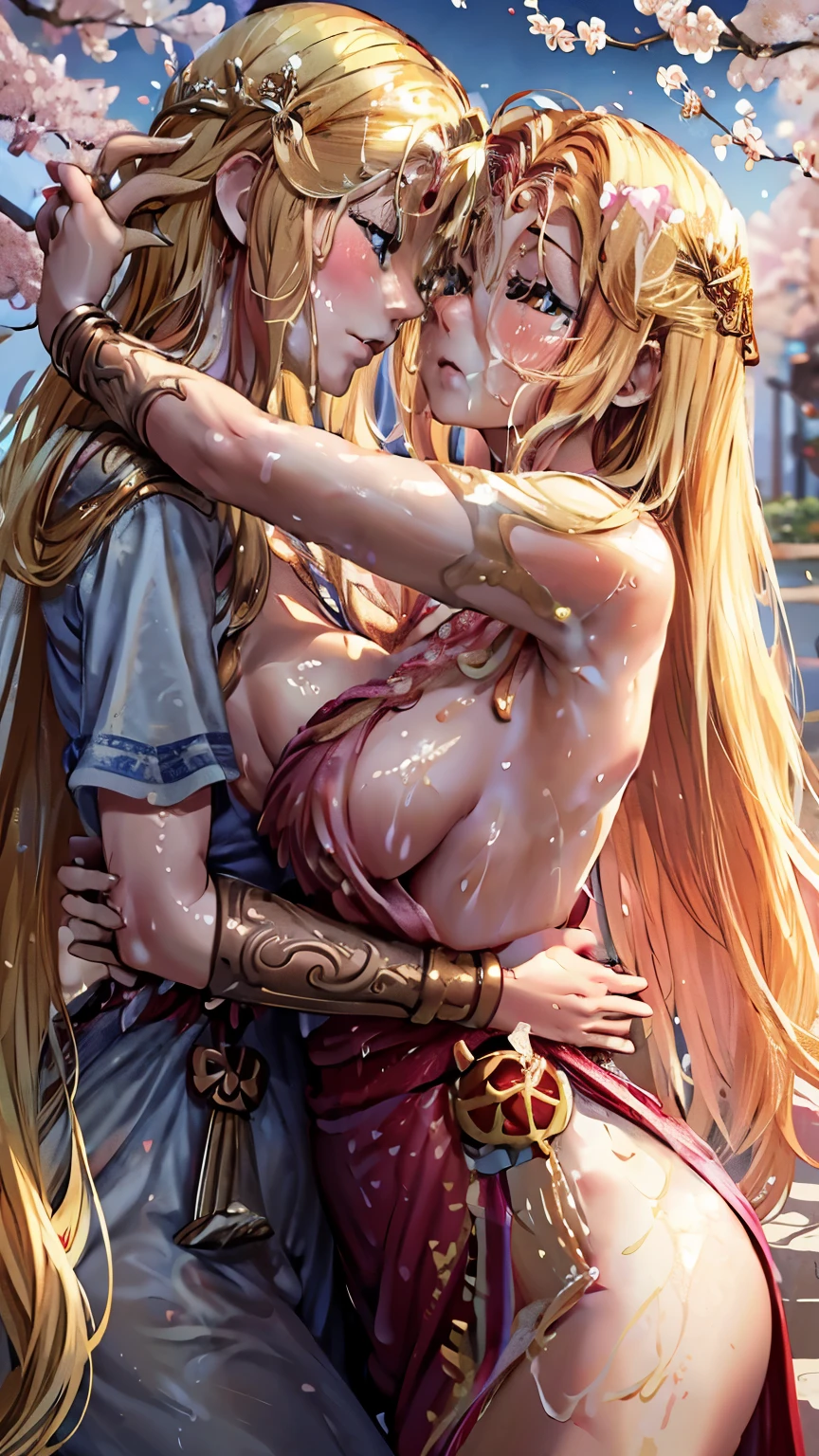 blonde very long hair, red eyes, wearing a sexy pink dress, ultrasharp, looking at the viewer, ((best quality)), ((masterpiece)), (detailed), perfect face, big breast, sexy body, sexy woman besides her, hugged, An anime scene of two girls hugging and kissing intensely, with hearts and sparkles floating around them as they stand under the cherry blossoms in a dreamy park