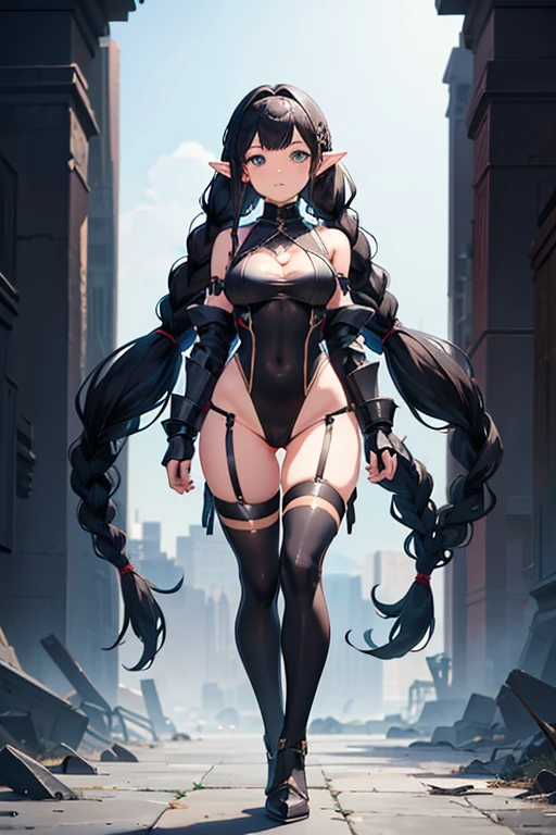 shortstack girl, , long black hair, braids twintails hairstyle, pointy ears, wide hips, huge breasts, full body, standing, revealing armor, leotard under clothes, short shorts, long kneesocks