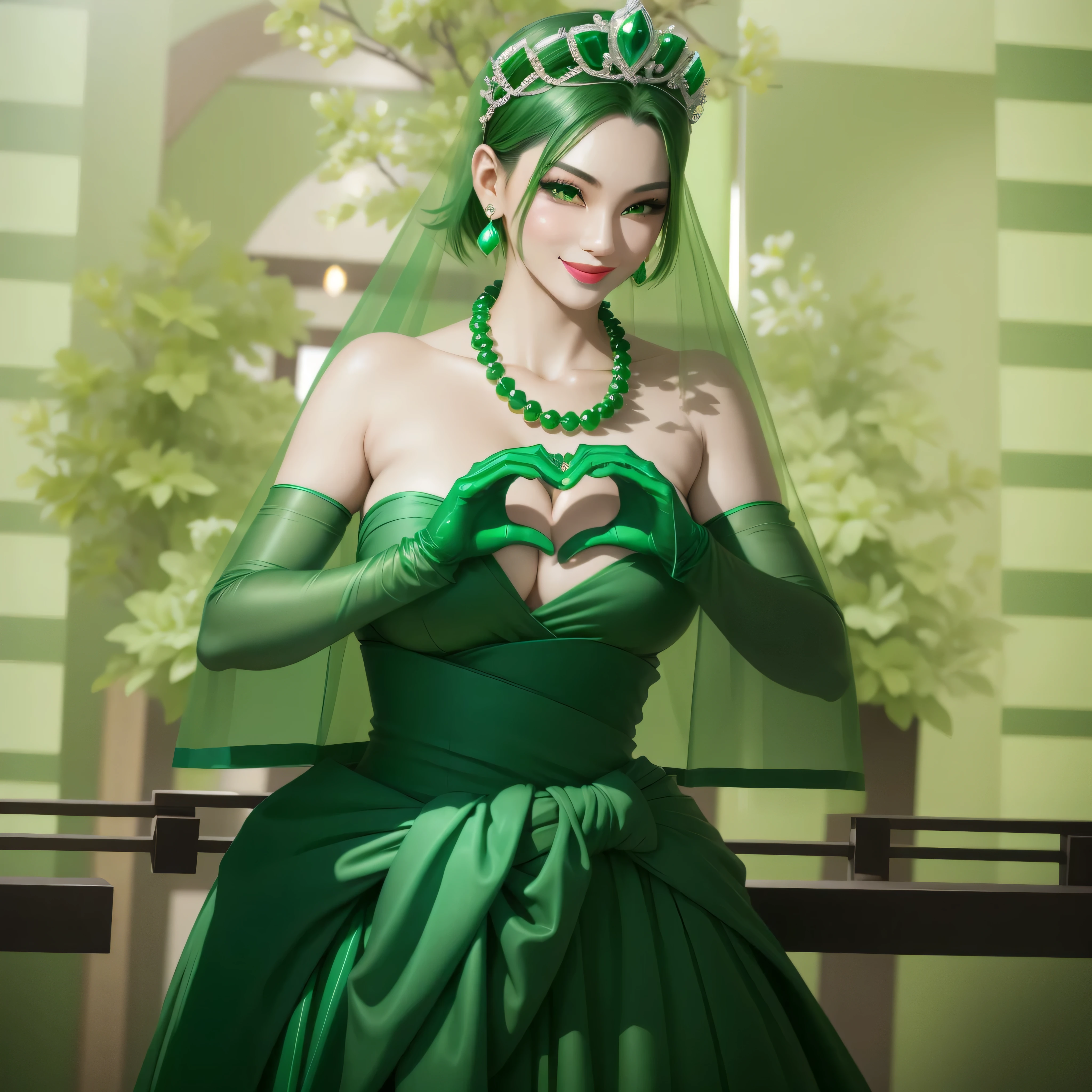 emerald tiara, green pearl necklace, boyish very short green hair, green lips, smiling Japanese woman, very short hair, Beautiful woman with big breasts, green eyes, Green satin gloves, green eyes, emerald earrings, green veil, Heart with both hands, green hair, beautiful japanese woman, heart shaped hands:1.3, green lip gloss