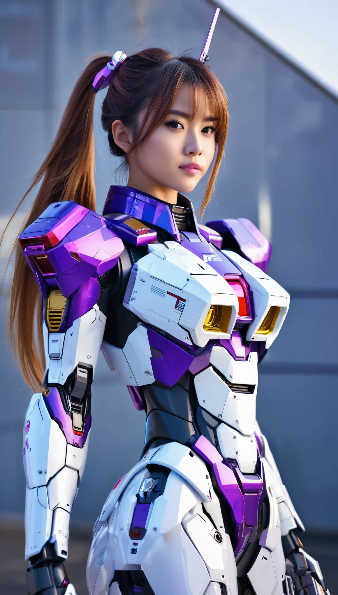 RAW, Masterpiece, Ultra Fine Photo,, Best Quality, Ultra High Resolution, Photorealistic, Sunlight, Full Body Portrait, Stunningly Beautiful,, Dynamic Poses, Delicate Face, wearing a mecha detector glass future transparent neon, Vibrant Eyes, a full body of a woman in a purple and white gundam custume, dybamic pose, pony tail long brown very very long hair rapunzel, girl in mecha cyber armor, portrait armored astronaut girl, d. va from overwatch, female mecha, on a gundam, gundam head, chiho aoshima color scheme, mobile suit, streamlined purple armor, fully robotic!! girl, realistic cosplay, gundam armor (dynamic pose) (best cameraview), full body, sit down, full body
