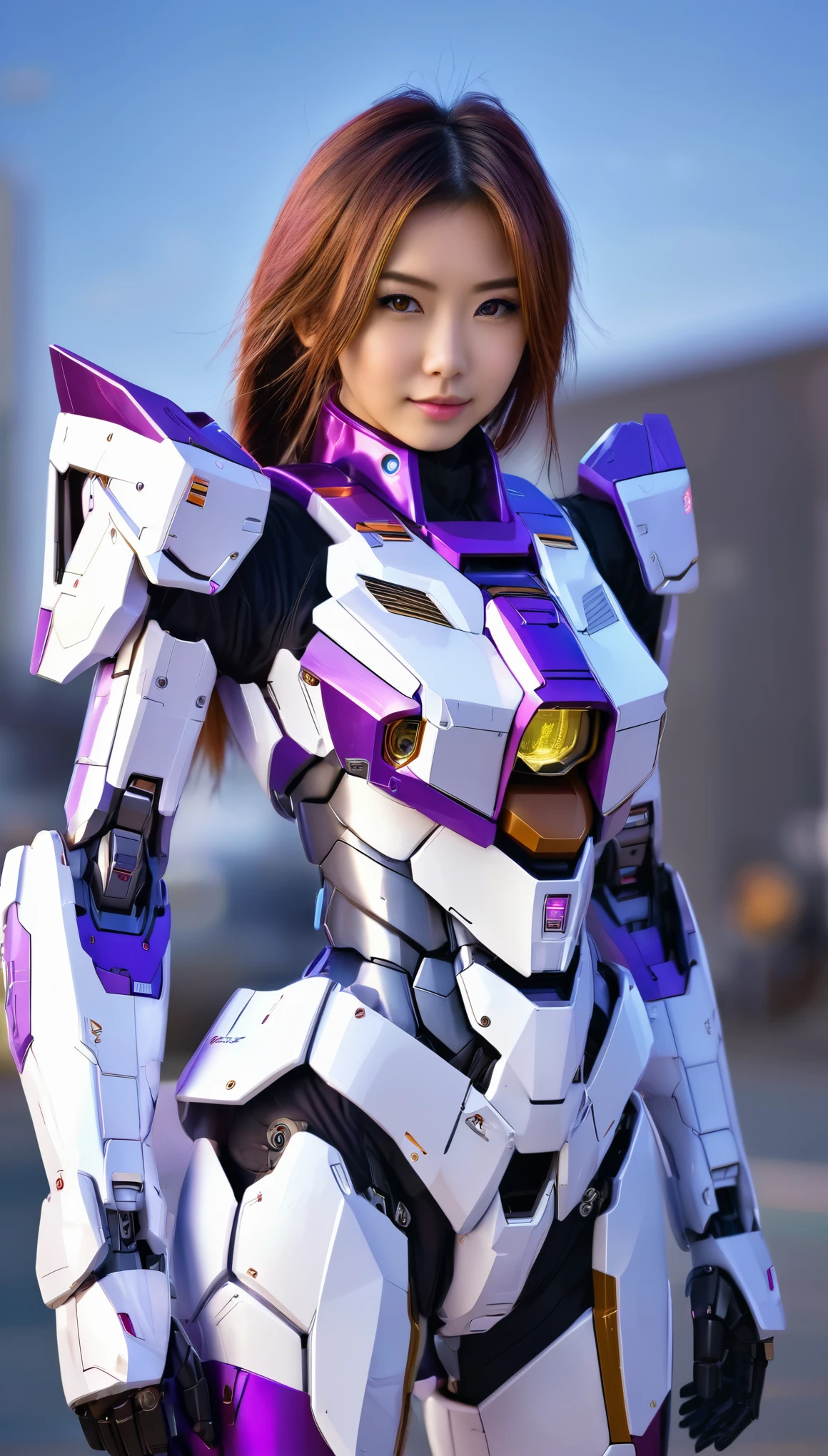 RAW, Masterpiece, Ultra Fine Photo,, Best Quality, Ultra High Resolution, Photorealistic, Sunlight, Full Body Portrait, Stunningly Beautiful,, Dynamic Poses, Delicate Face, wearing a mecha detector glass future transparent neon, Vibrant Eyes, a full body of a woman in a purple and white gundam custume, dybamic pose, pony tail long brown very very long hair rapunzel, girl in mecha cyber armor, portrait armored astronaut girl, d. va from overwatch, female mecha, on a gundam, gundam head, chiho aoshima color scheme, mobile suit, streamlined purple armor, fully robotic!! girl, realistic cosplay, gundam armor (dynamic pose) (best cameraview), full body, sit down, full body