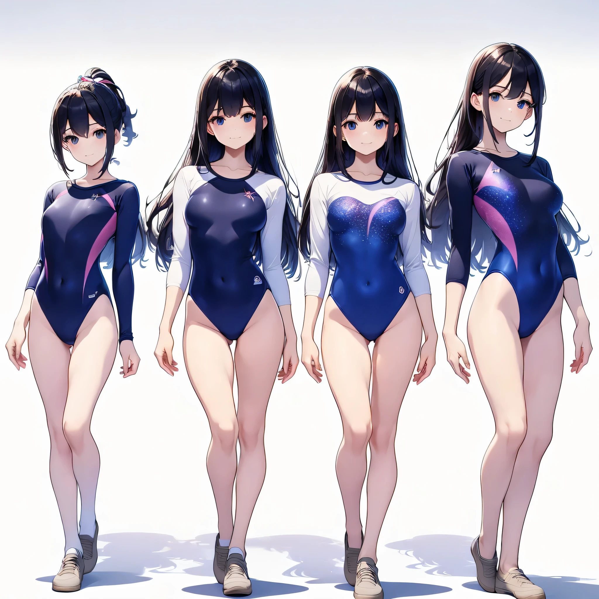 ((full body)),(masterpiece, best quality), (3 girls1.5) ,((Contrapposto:1.5)), looking at viewer, walking,((v_arms:1.2)), （wearing gymnastics_longsleeves_leotard_outfit leotard:1.3),(blue leotard) ,(galaxy print:1.3),{{ tracksuit:1.3 }}, BREAK masterpiece black hair, ((long hair:1.2)), ((parted bangs:1.3)), black eyes, good hand, ((small breasts)), (over 20 years old, under 25 years old:1.2), , spotlight, happy, smile, BREAK in the class room