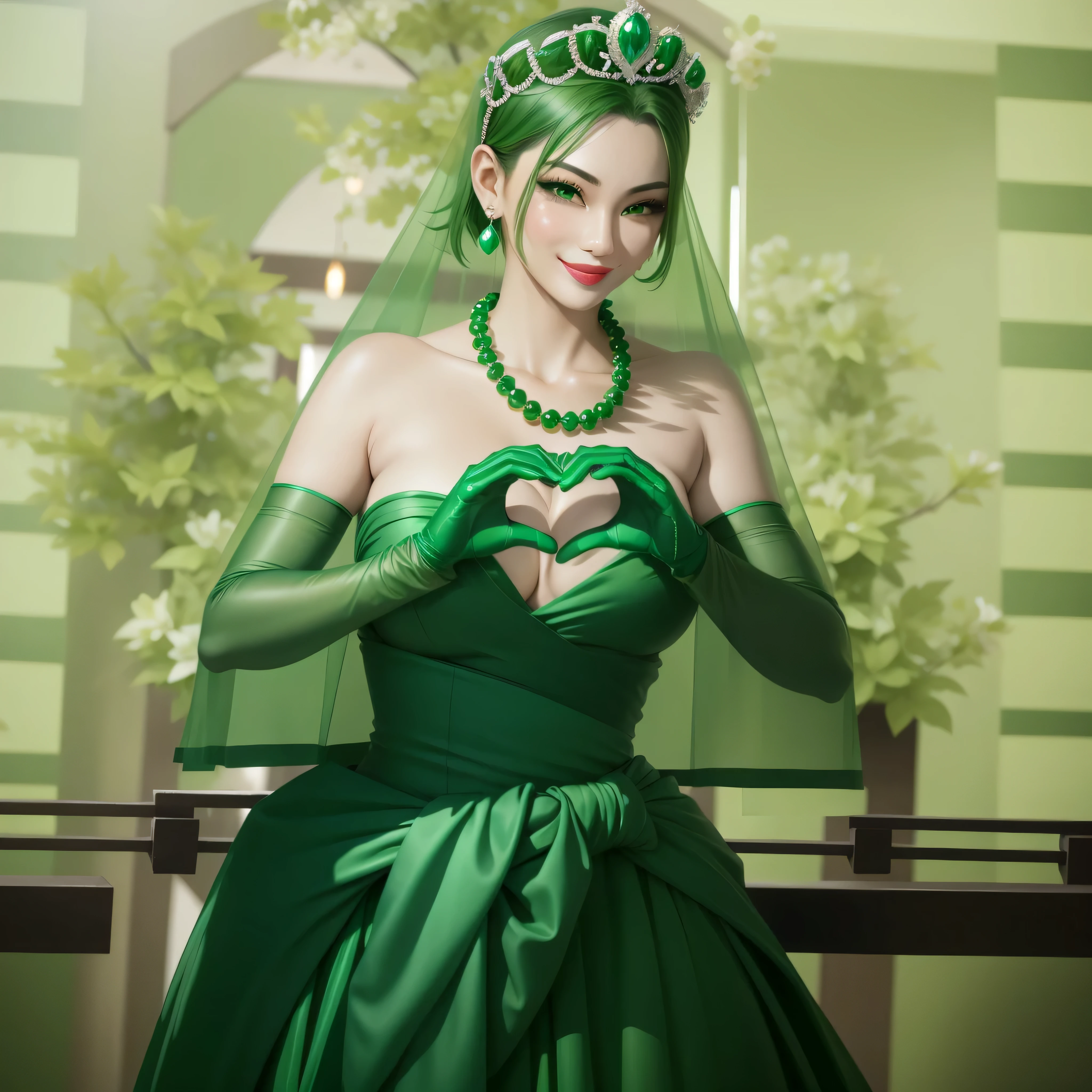 emerald tiara, green pearl necklace, boyish very short green hair, green lips, smiling Japanese woman, very short hair, Beautiful woman with ???????????, green eyes, Green satin gloves, green eyes, emerald earrings, green veil, Heart with both hands, green hair, beautiful japanese woman, heart shaped hands:1.3, green lip gloss