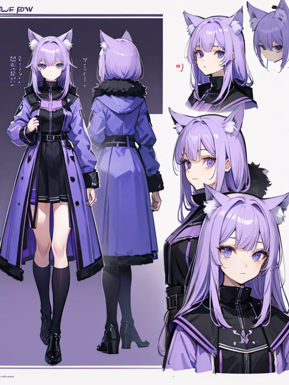 character design sheet，Purple hair and blue eyes, personal，cool，With wolf ears，youth，facial details，Plainview，whole body