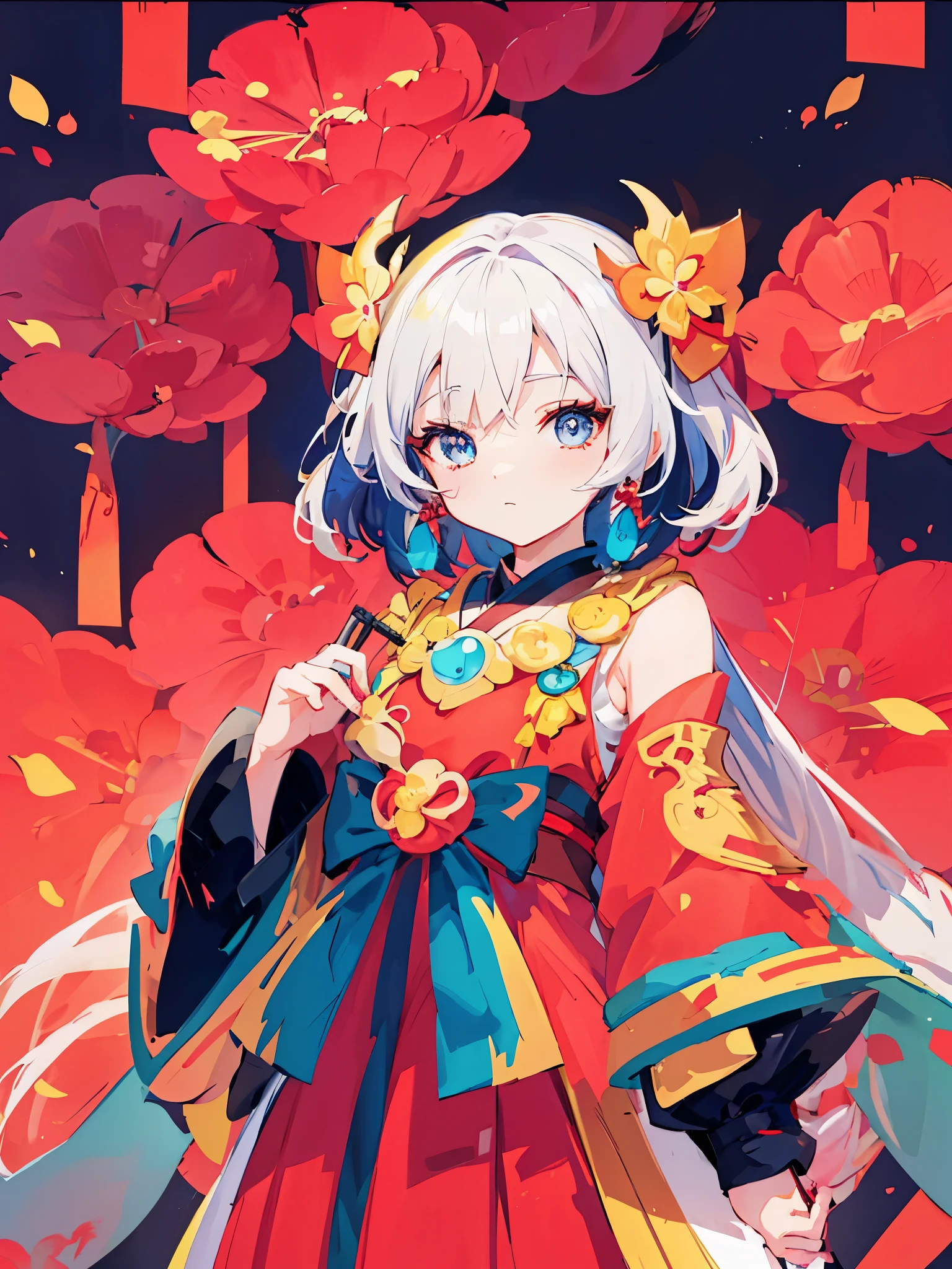 wearing red dress，Anime girl holding a fan, Onmyoji, Onmyoji detailed art, Onmyoji portrait, anime style 4k, anime art wallpaper 8k, anime art wallpaper 4k, Anime Art Wallpaper 4k, rossdraws cartoon vibrant, Splash art anime , Anime cute art style, Digital animation illustration