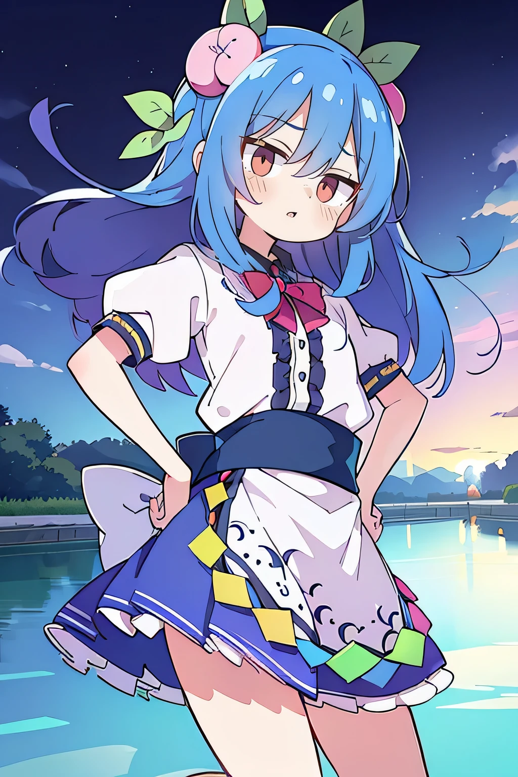 (masterpiece),best quality, expressive eyes, perfect face, 1girl,
Put your hands on your waist,fair, Gorgeous,Japanese cartoons,girl,lola,Hina Angel, blue hair, blue haired, floating clothes,Grab your waist, Grab your waist, hands on hips , hands on hips,flat chest,Lie in the pool,lake,Lie on the ground,