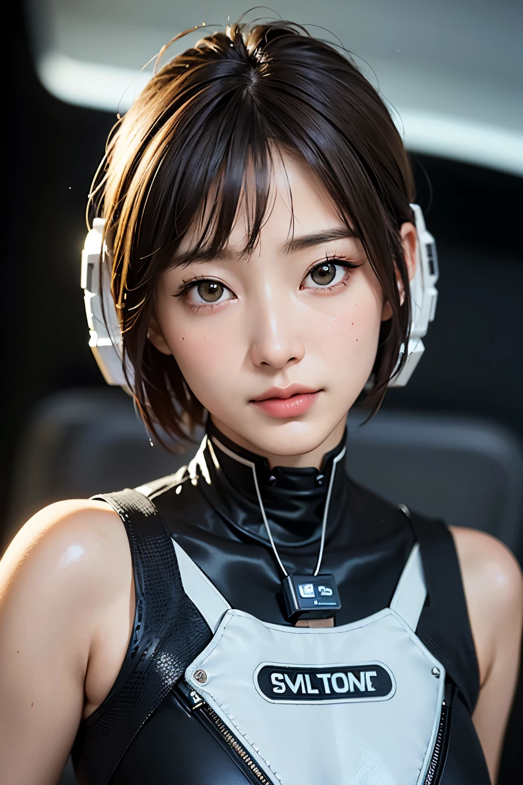 highest quality、masterpiece、ultra high resolution、(real:1.4)、Beautiful woman１、Beautiful details of eyes and skin、light brown short cut hair、small smile、Full space suit、space station、spaceship、Remains、cloudy sky、Sci-Fi Taste、film grain、
