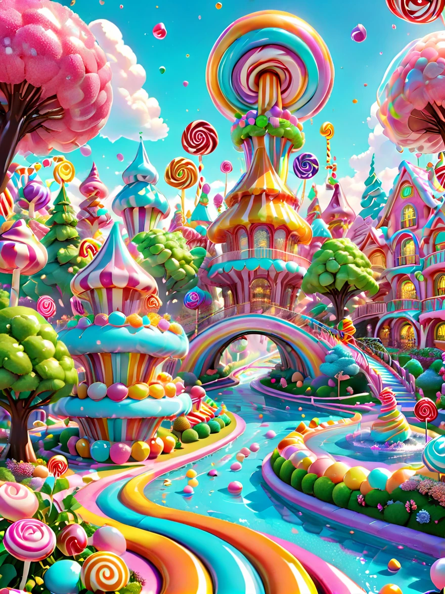 candyland,  Amusement park made of candy, magical forest, colorful candy towers, glistening rooftops, rainbow bridge, honey river, sparkly water, sweet aroma, lollipop trees, cotton candy bushes, vibrant lively atmosphere, floating shiny particles, children playing, candy slides, jelly trampolines, photo real, Shot on a 50mm lens, classic composition, masterpiece, exquisite, color correction, amazing visual effects, crazy details, intricate details, sharp focus, super high effect, HD, 8k