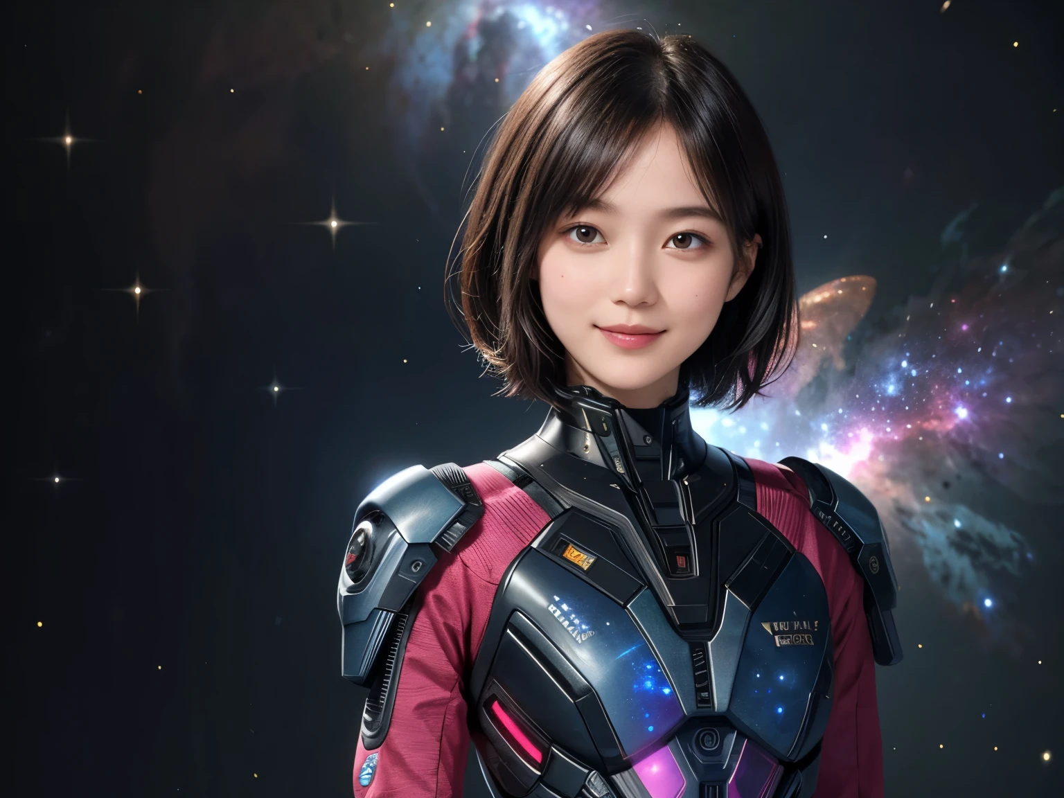 208 Short Hair, 20 year old female, Floral, gentle smile, futuristic clothes, mechanical suit, (The background is a galaxy and nebula)