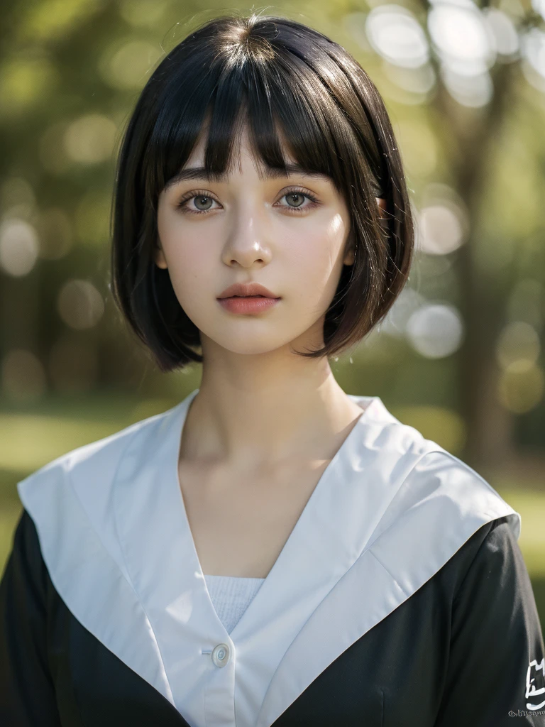 ( masterpiece, top quality, best quality,8k,17 years old girl,ultra detailed,raw photo:1.5),(photorealistic:1.4), (bob cut, black hair,blunt bangs:1.5), (cinematic lighting), PerfectNwsjMajic, , Surrealism, UHD, ccurate, Super detail, textured skin, High detail, Best quality, dynamic angle, (high nose,White skin),[Beautiful eyes],[flat chest:large breasts:0.5],(1girl),(good anatomy:0.5)),(outside:1.5),Homely uniform 