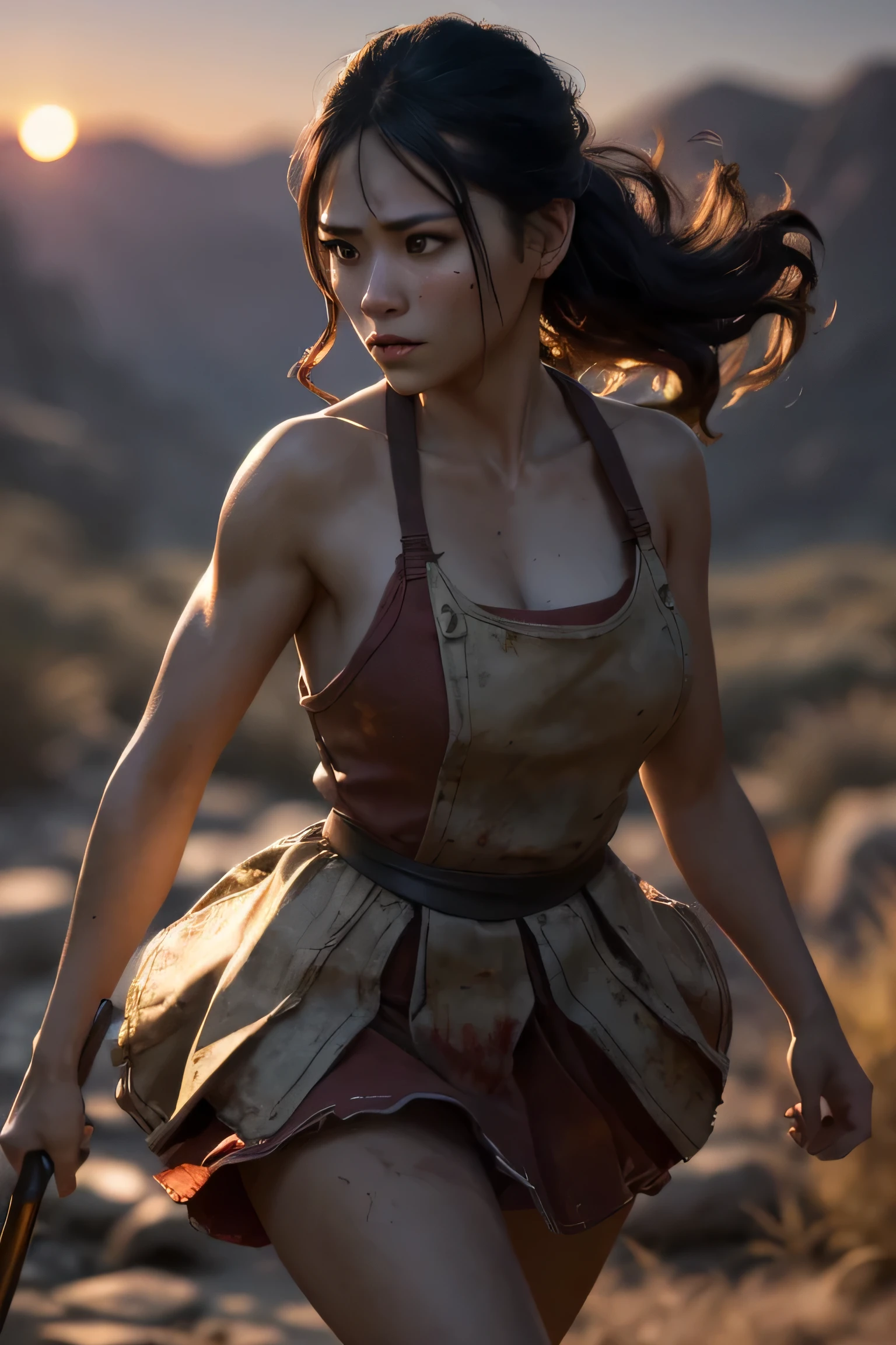 (masterpiece), (very complicated:1.3), (realistic), girl portrait, (dark fantasy, gore), (dynamic perspective), the most beautiful in the world, (waitress), outdoor, dynamic angle, running fighting stance, dry river bed, Kure, Haifa, Stunning female professional photo details, sharp focus, dramatic, Award history, cinematic lighting, Octane Rendering Unreal Engine, volumetrics dtx, (film grain, blurred background, blurred foreground, Bokeh, Depth of the bounds written, sunset), holding sickle